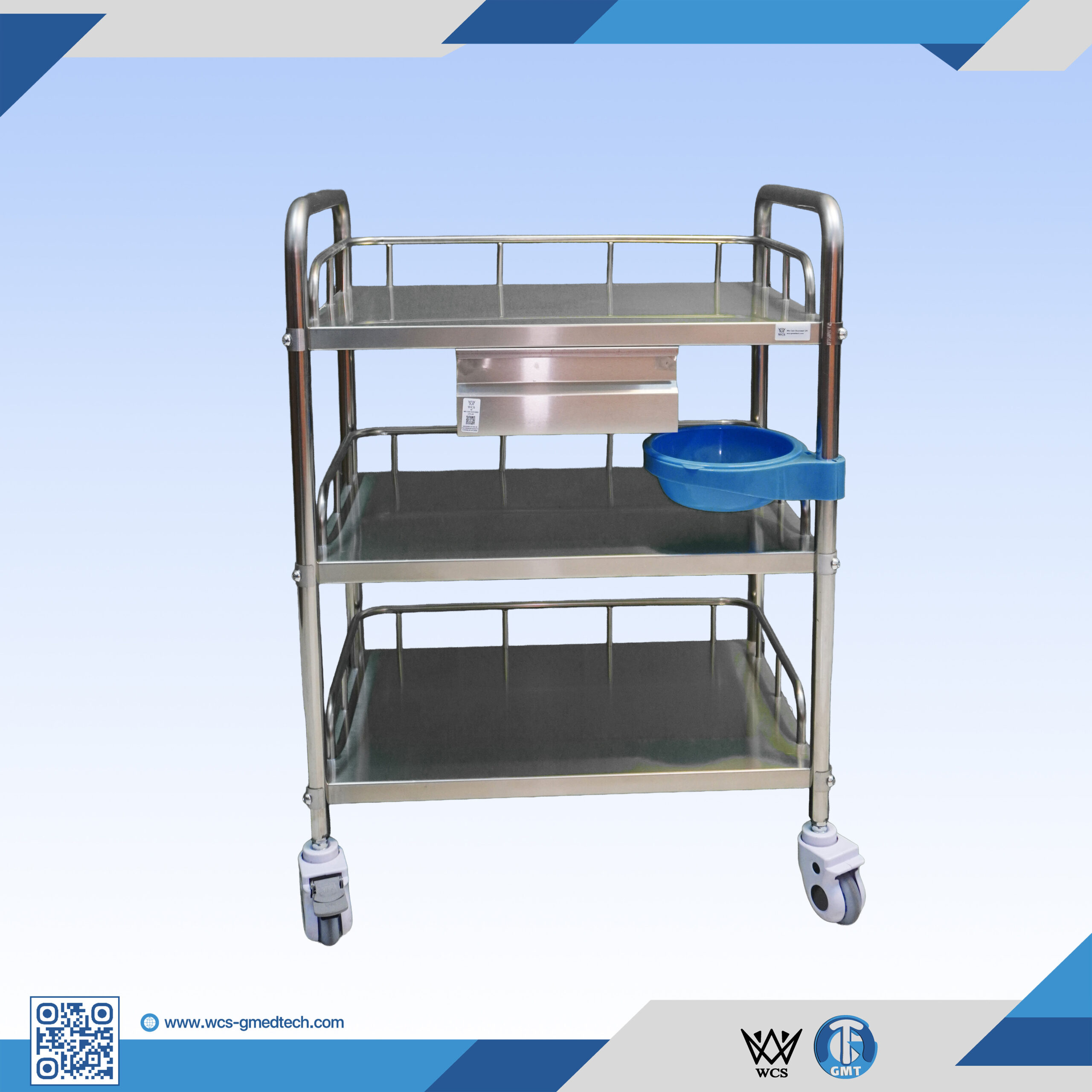 WCS-TR043 three-tier stainless steel utility trolley with one small drawer and four 3-inch caster wheels