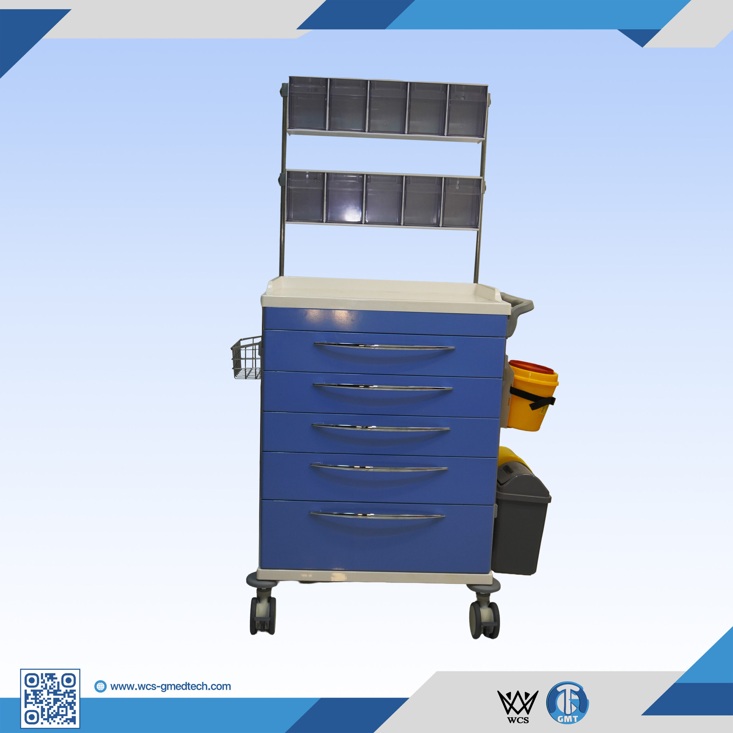 WCS-TR030 Medicine Trolley with 5 powder-coated steel drawers, PVC waste bins, antistatic castors, and central manual lock