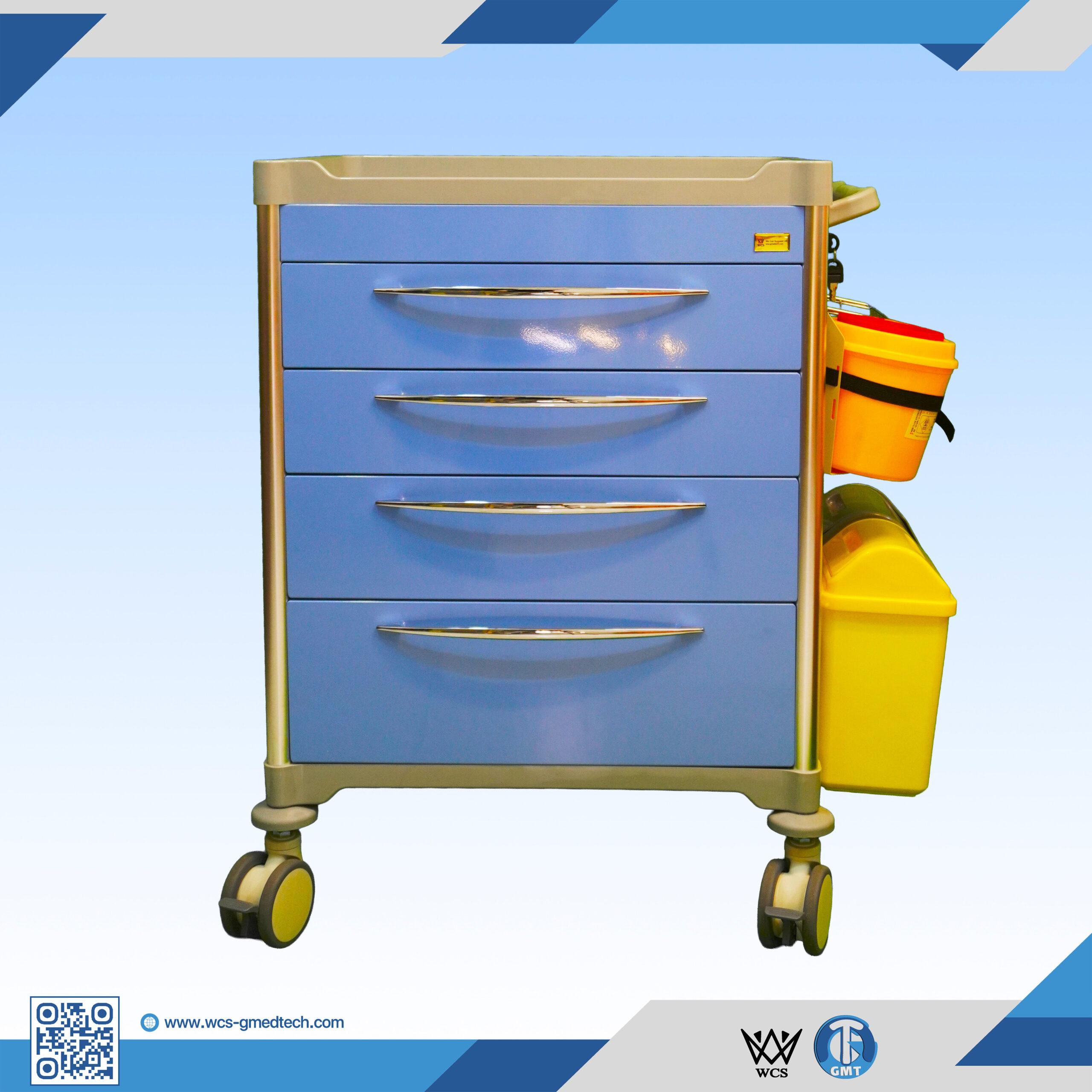 WCS-TR031 Medicine Trolley with four powder-coated steel drawers, PVC waste bins, needle box, and antistatic castors