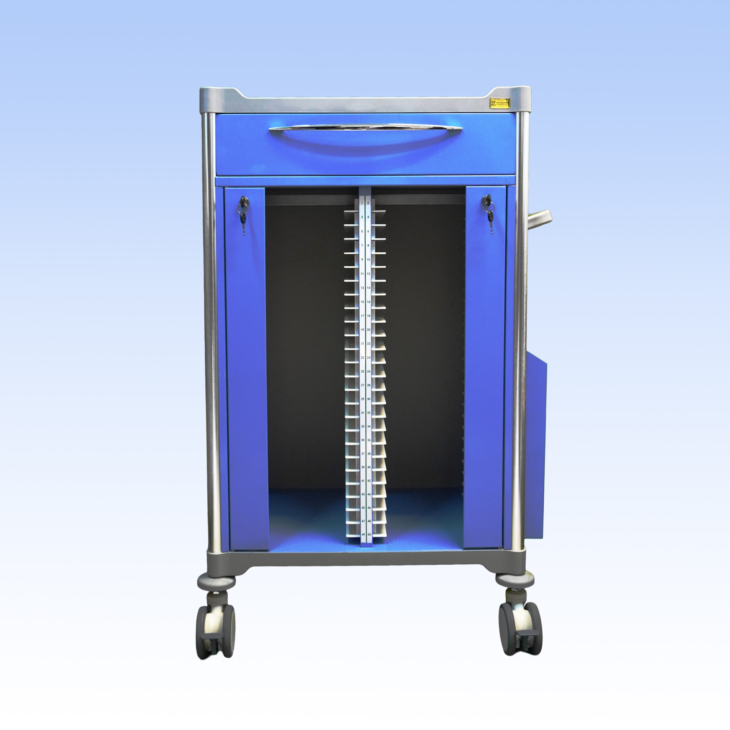 WCS-TR035 Medical Records Trolley with PVC extension table, rubber push handle, and 60-file capacity drawer