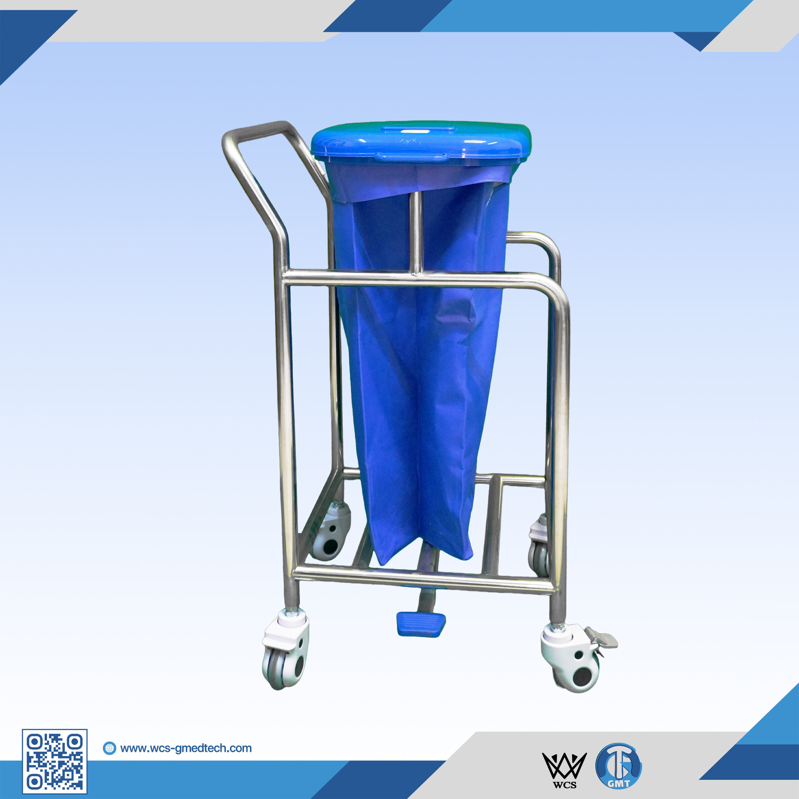 WCS-TR037 dirty linen trolley featuring a 304 stainless steel frame, waterproof oxford cloth bag, and four 3-inch caster wheels
