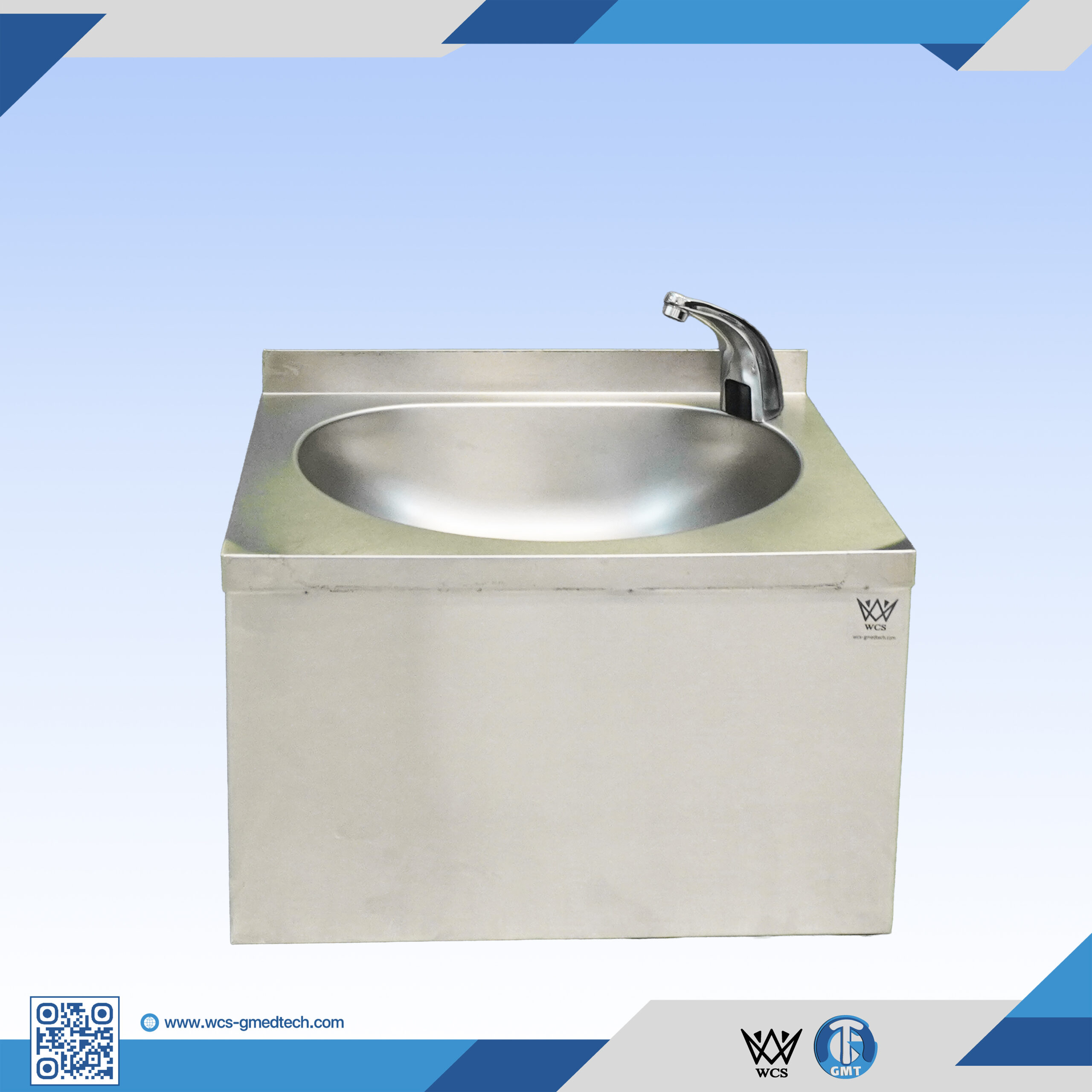 Wall-mounted Grade 304 stainless steel sink with single bowl, 2 cm back splash, and integrated IR sensor faucet for touchless operation