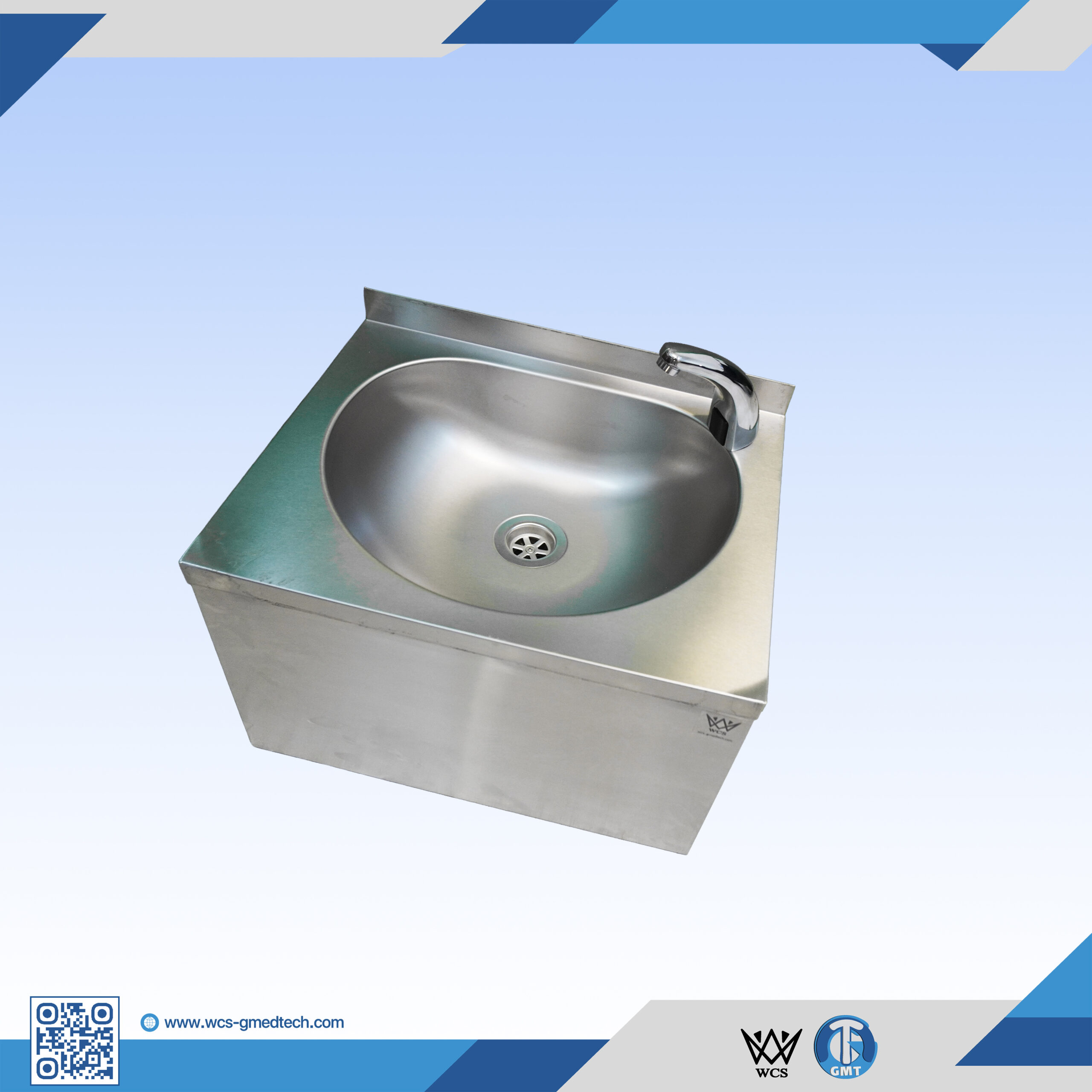 Wall-mounted Grade 304 stainless steel sink with single bowl, 2 cm back splash, and integrated IR sensor faucet for touchless operation