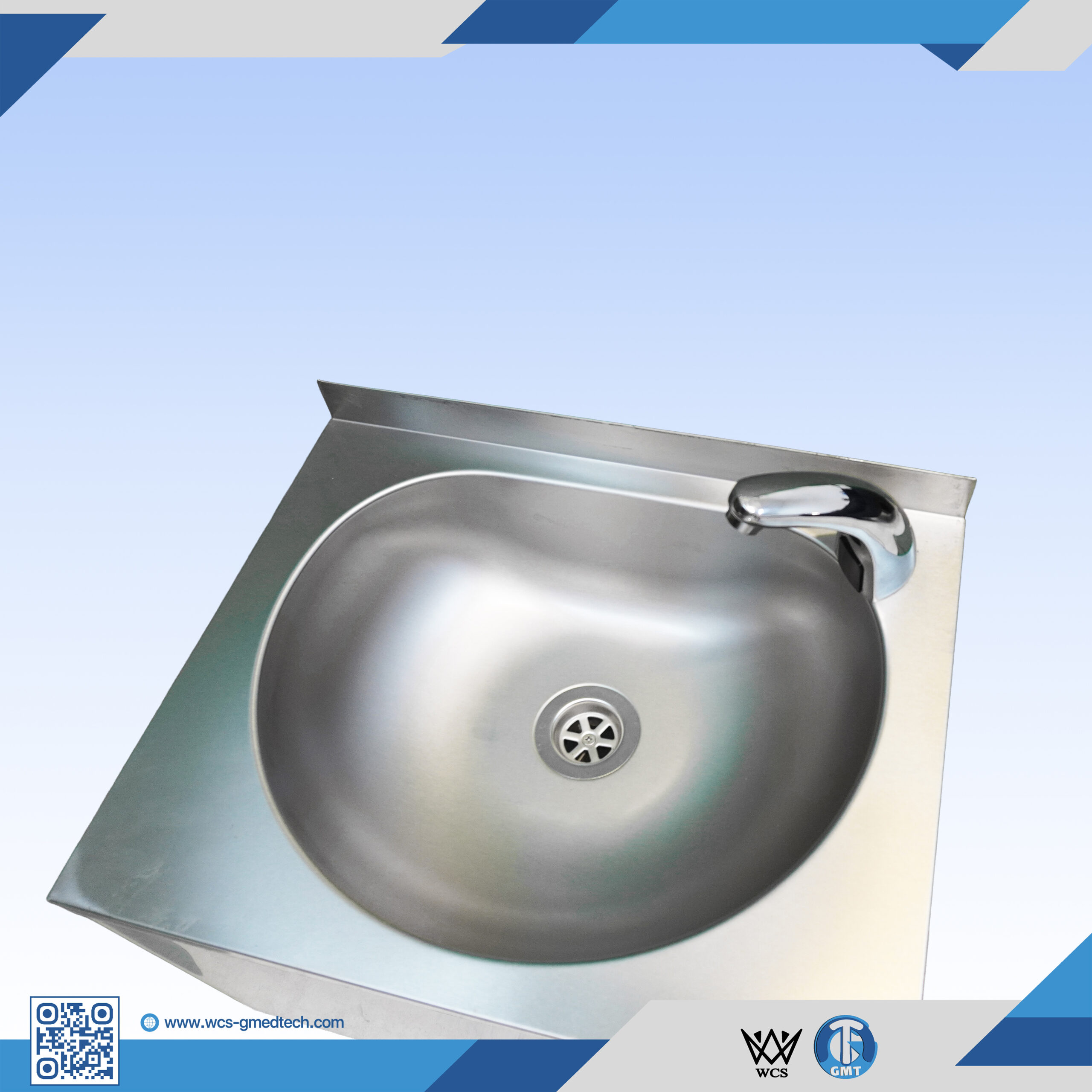 Wall-mounted Grade 304 stainless steel sink with single bowl, 2 cm back splash, and integrated IR sensor faucet for touchless operation
