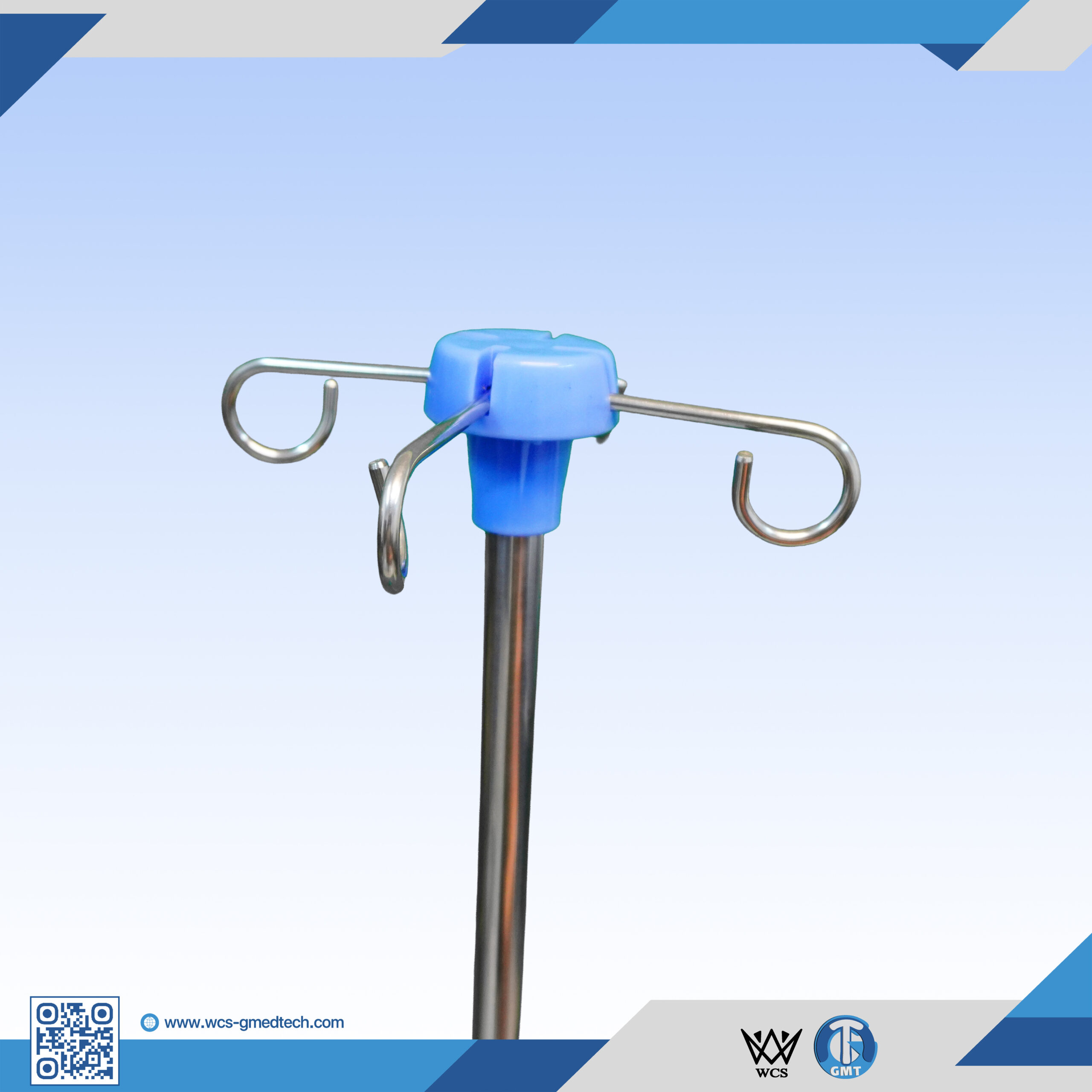 WCS-TR059 I.V Stand Regular V4 stainless steel IV pole with 4 hooks, PVC handle, and 5-castor penta base