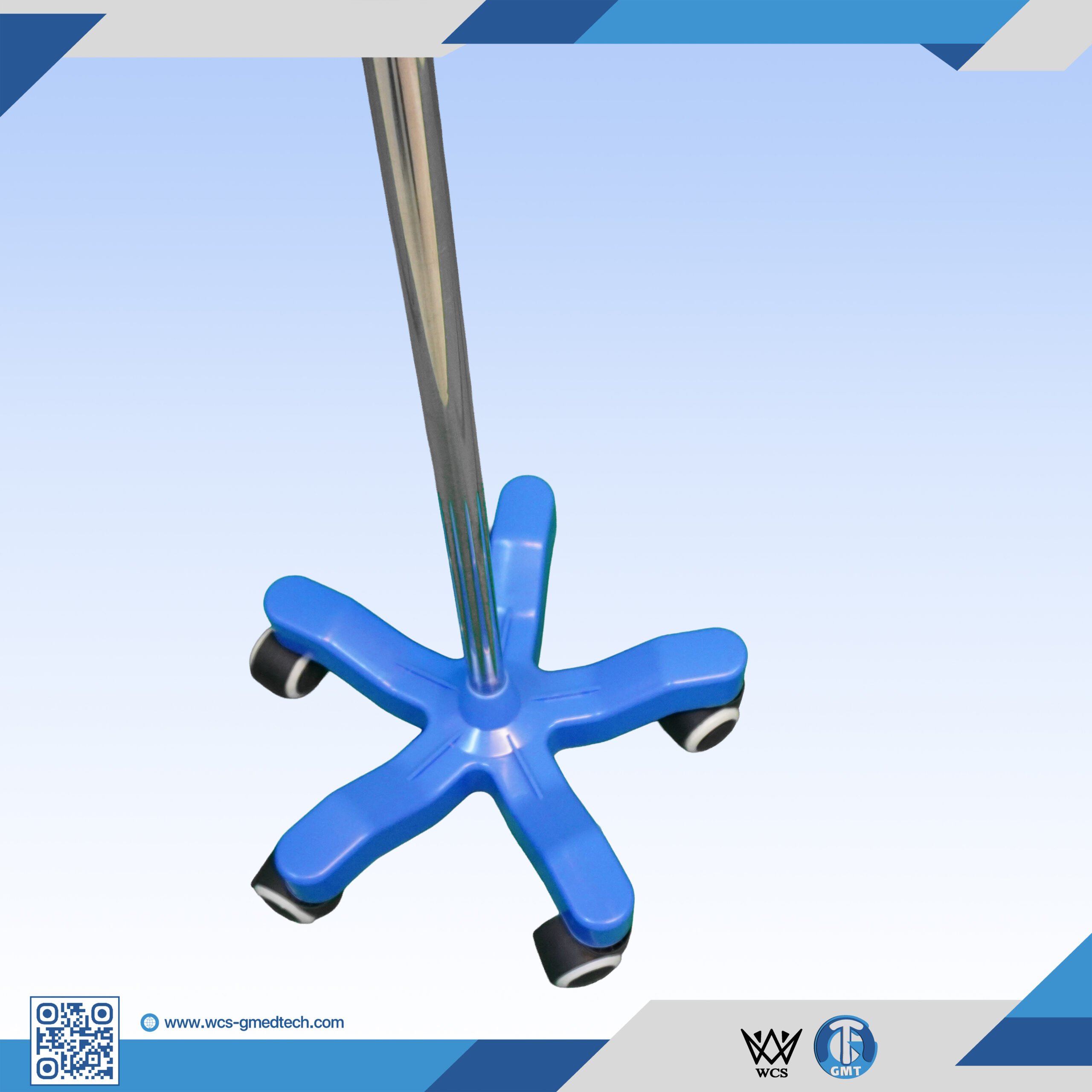 WCS-TR059 I.V Stand Regular V4 stainless steel IV pole with 4 hooks, PVC handle, and 5-castor penta base