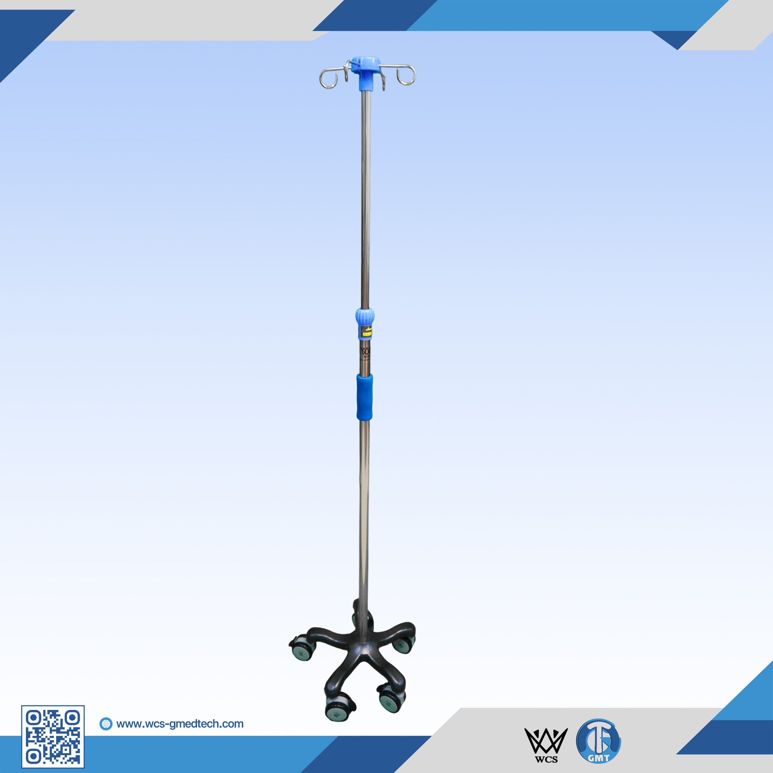 WCS-TR058 I.V Stand Regular V3 featuring a stainless steel pole, 4 hooks, and a penta base with 5 castors for clinical use