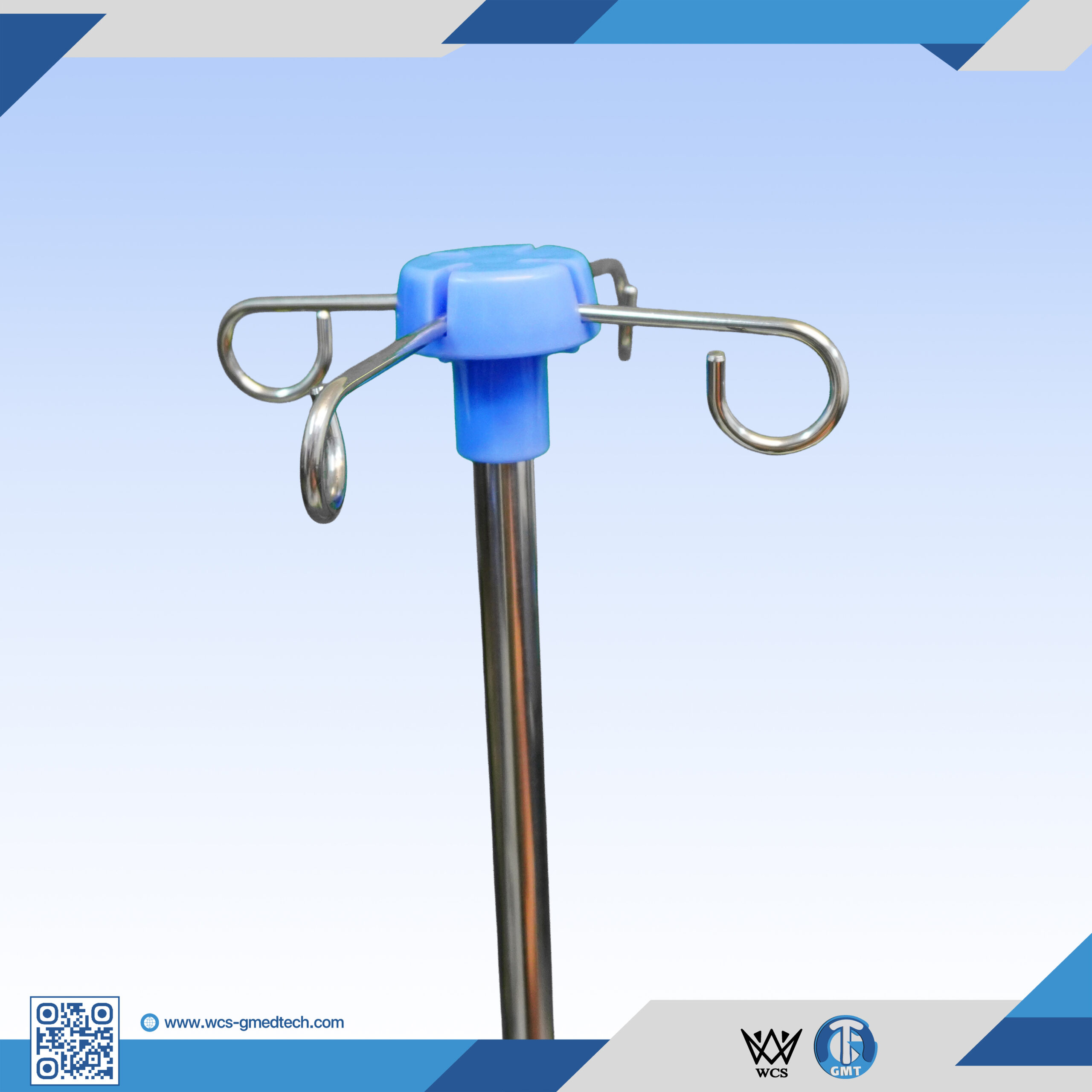 WCS-TR058 I.V Stand Regular V3 featuring a stainless steel pole, 4 hooks, and a penta base with 5 castors for clinical use