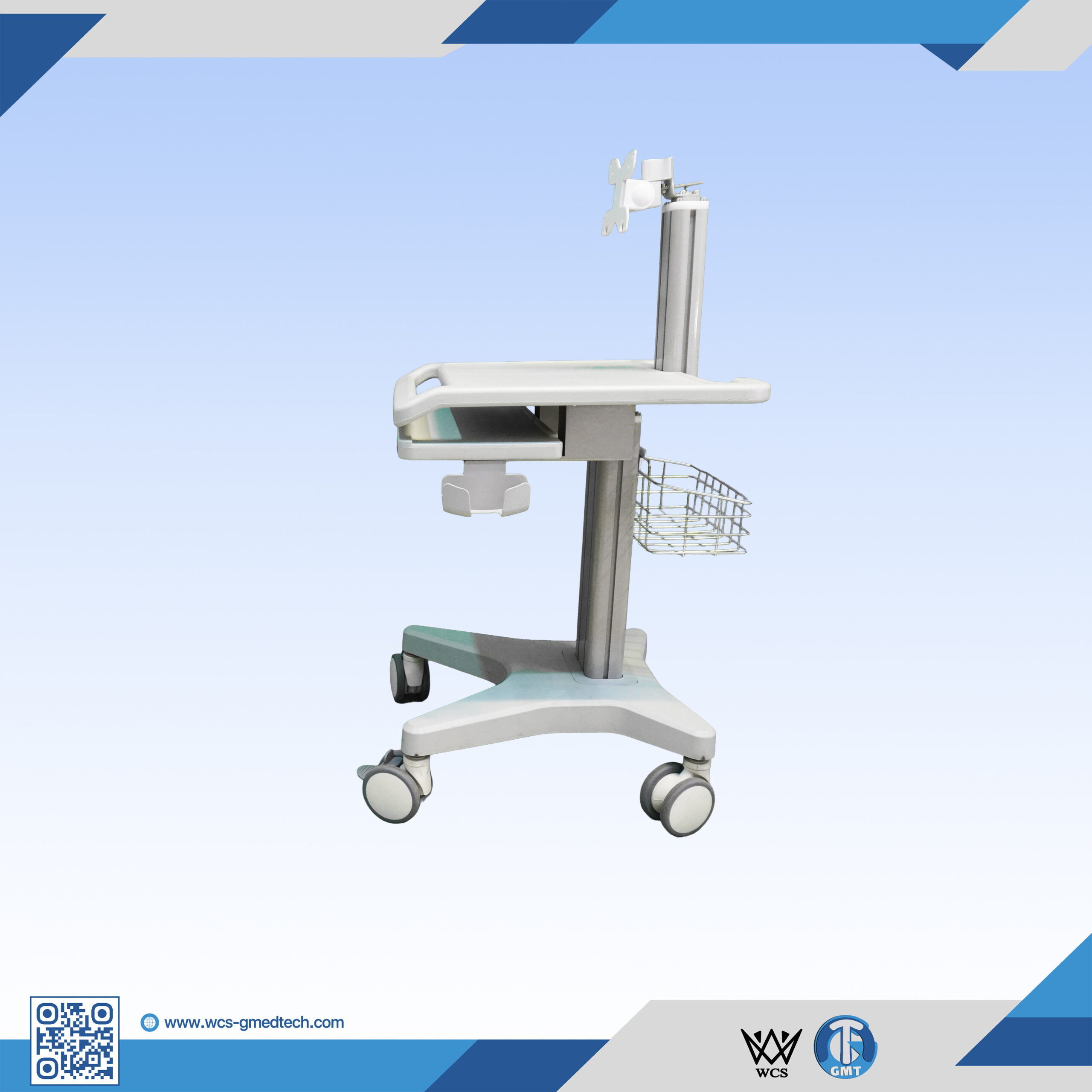 WCS-TR033 mobile medical workstation trolley featuring an adjustable aluminum column, integrated keyboard tray with mouse box, and 304 stainless steel wire basket