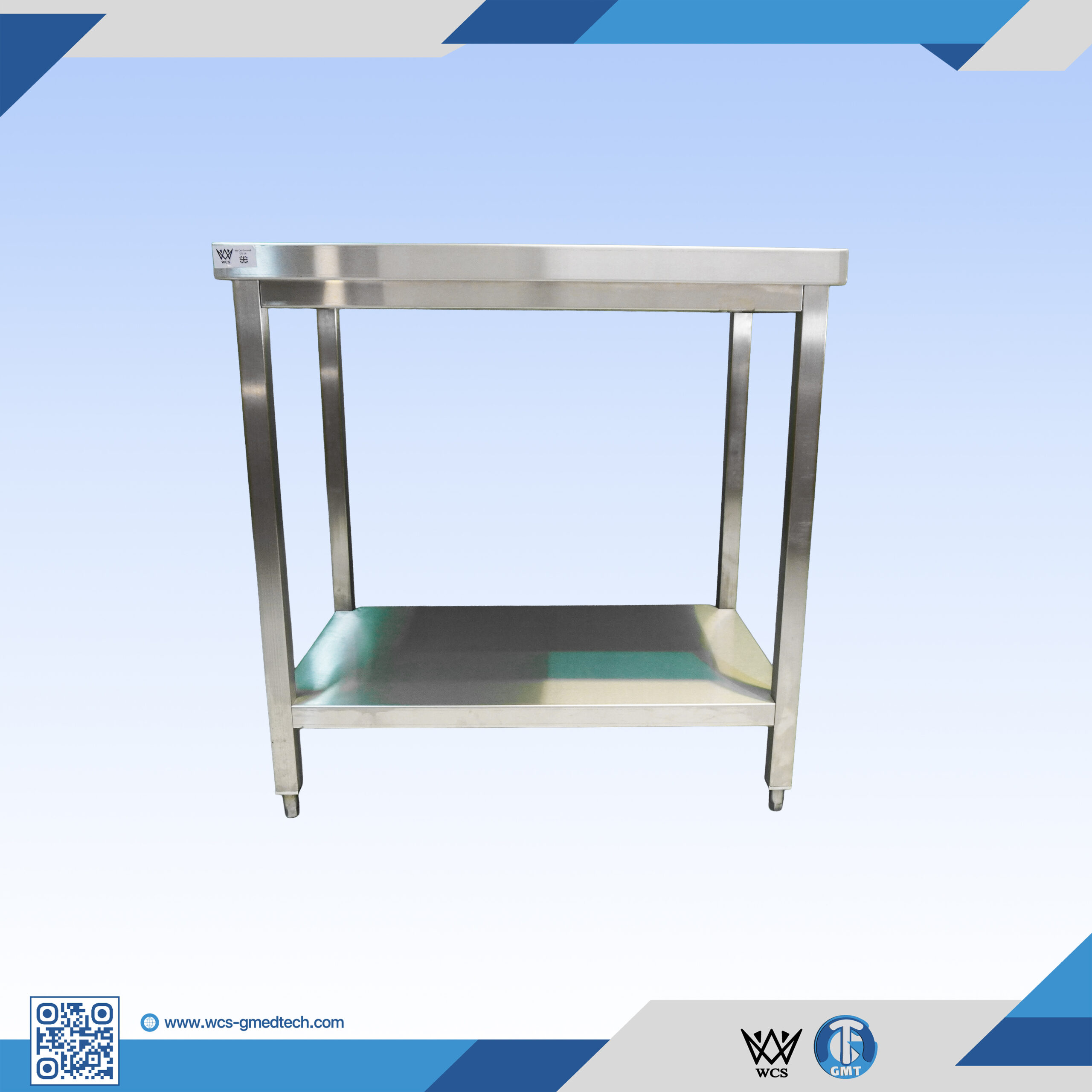 WCS-T001 two-tier flat stainless steel table with satin finish and lower shelf, measuring 60x90x90 cm