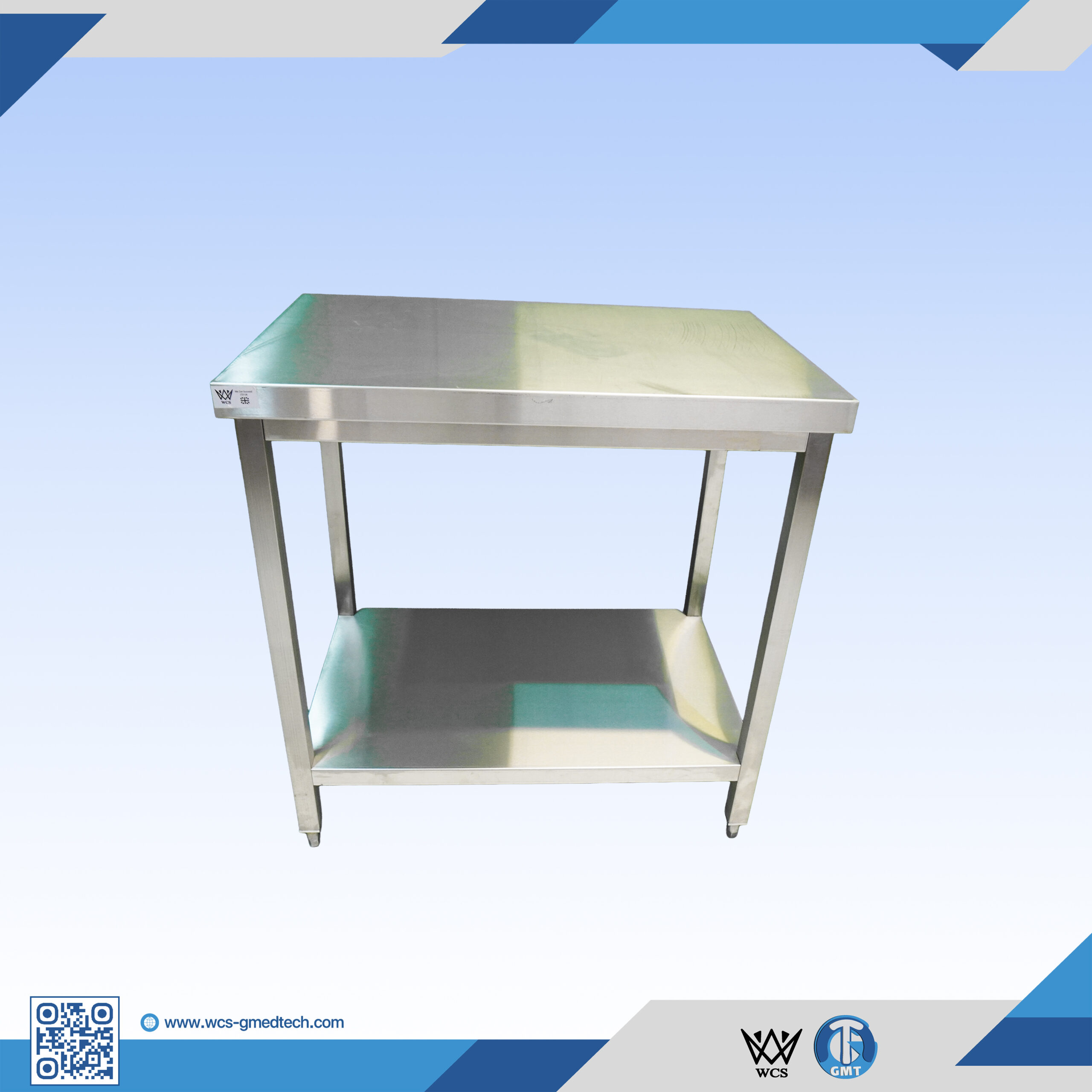 WCS-T001 two-tier flat stainless steel table with satin finish and lower shelf, measuring 60x90x90 cm
