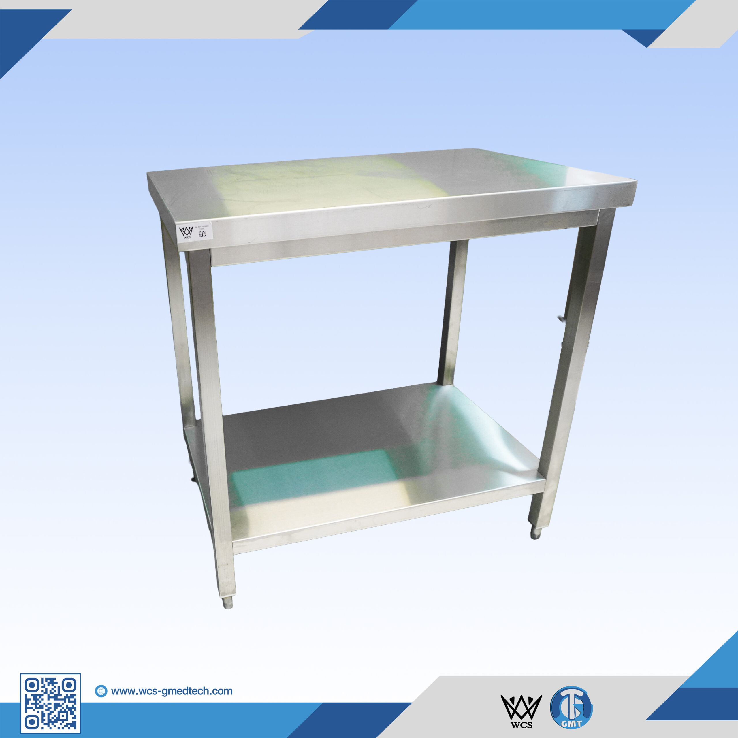 WCS-T002 304 stainless steel 2-tier flat table with satin finish and lower shelf, measuring 60x120x90 cm