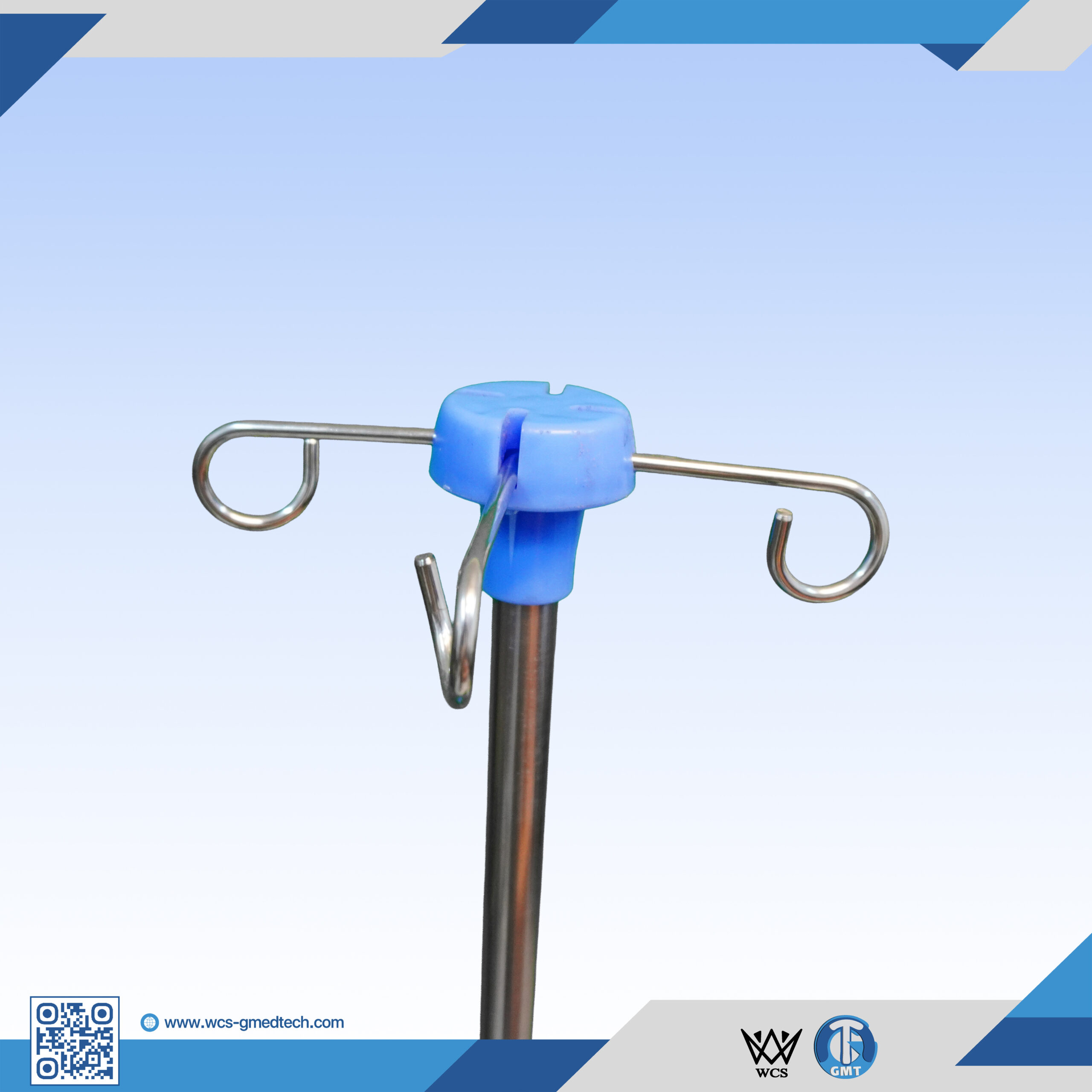 WCS-TR061 Heavy Duty I.V Stand featuring stainless steel construction, four hooks, PVC handle, and a five-castor penta base.
