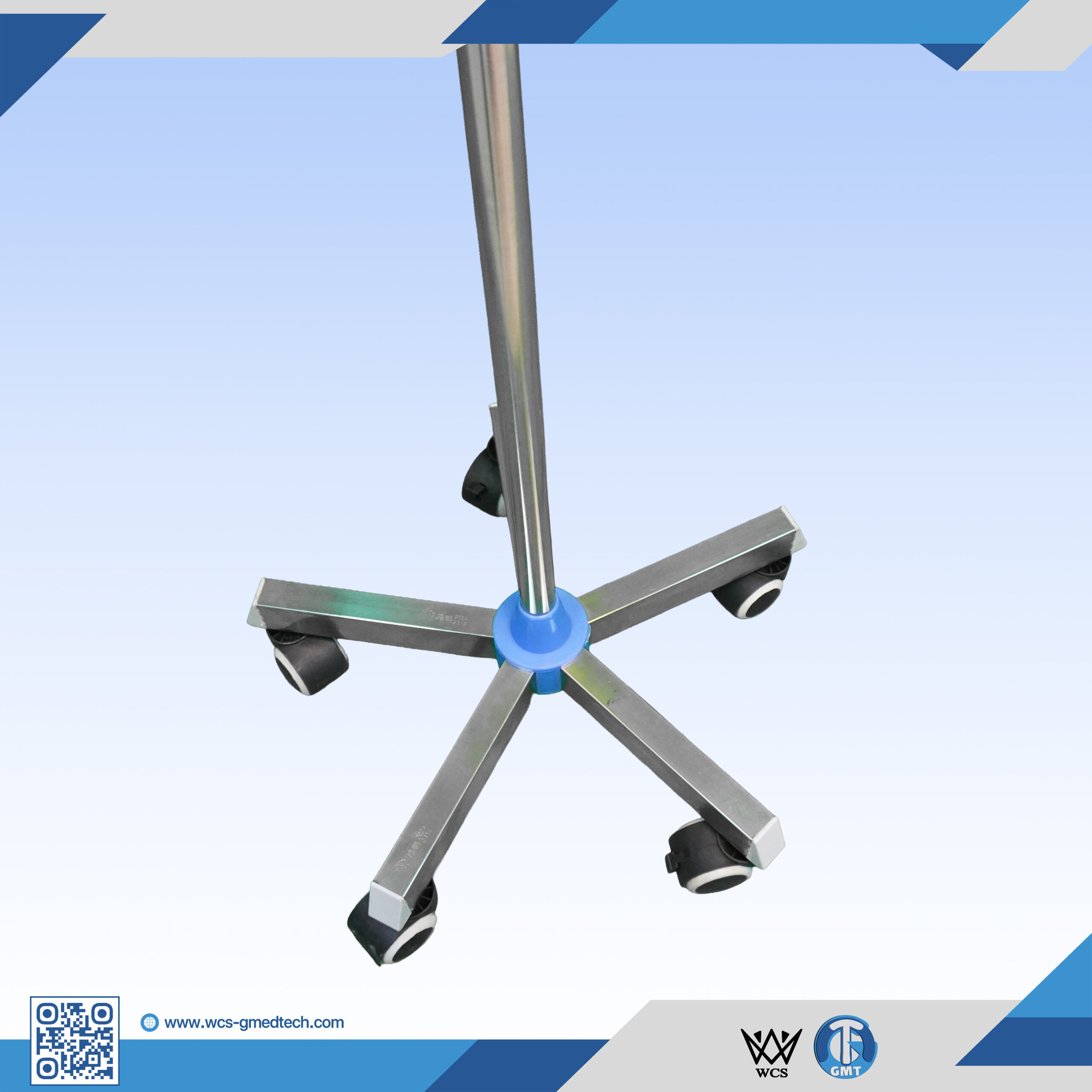 WCS-TR061 Heavy Duty I.V Stand featuring stainless steel construction, four hooks, PVC handle, and a five-castor penta base.