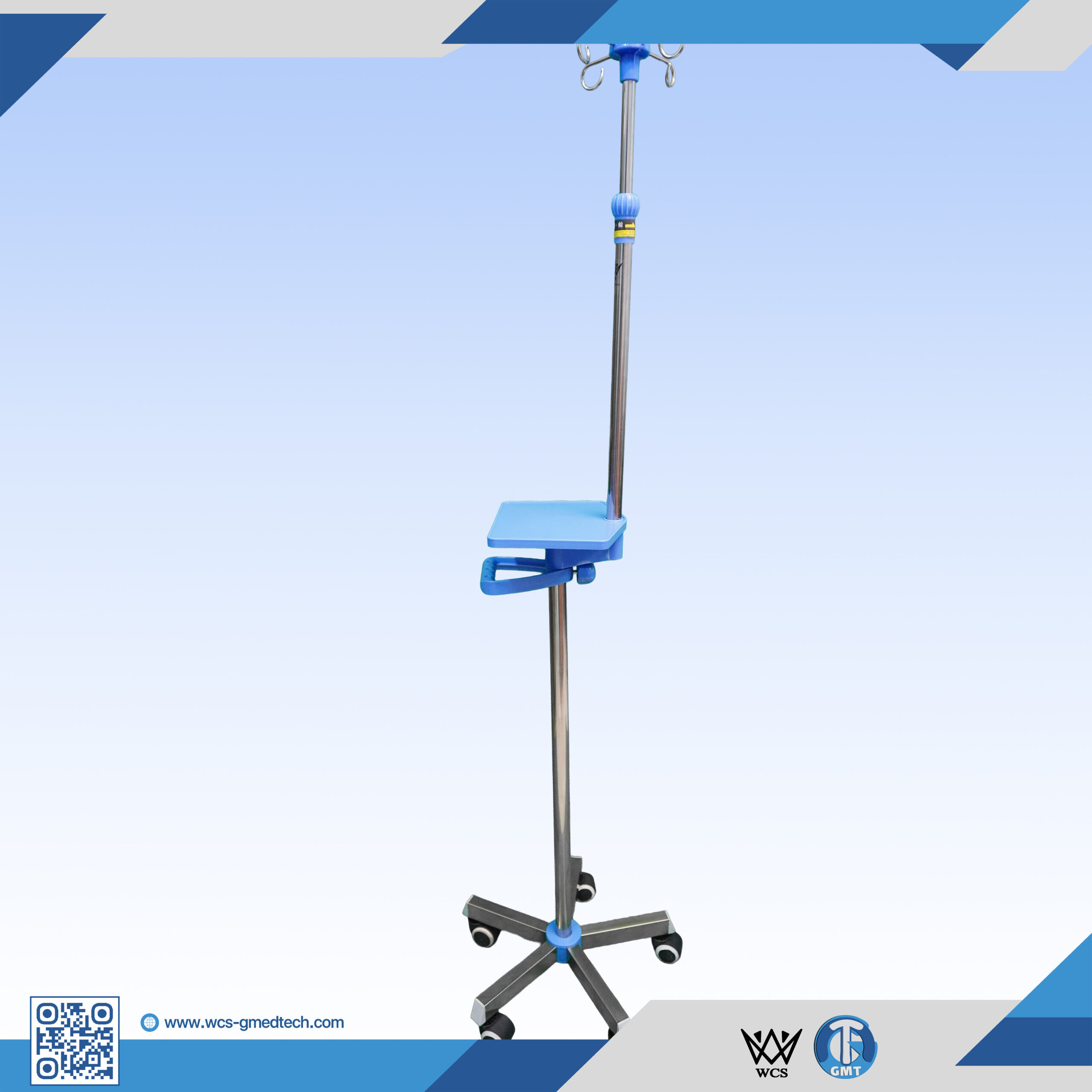 WCS-TR061 Heavy Duty I.V Stand featuring stainless steel construction, four hooks, PVC handle, and a five-castor penta base.