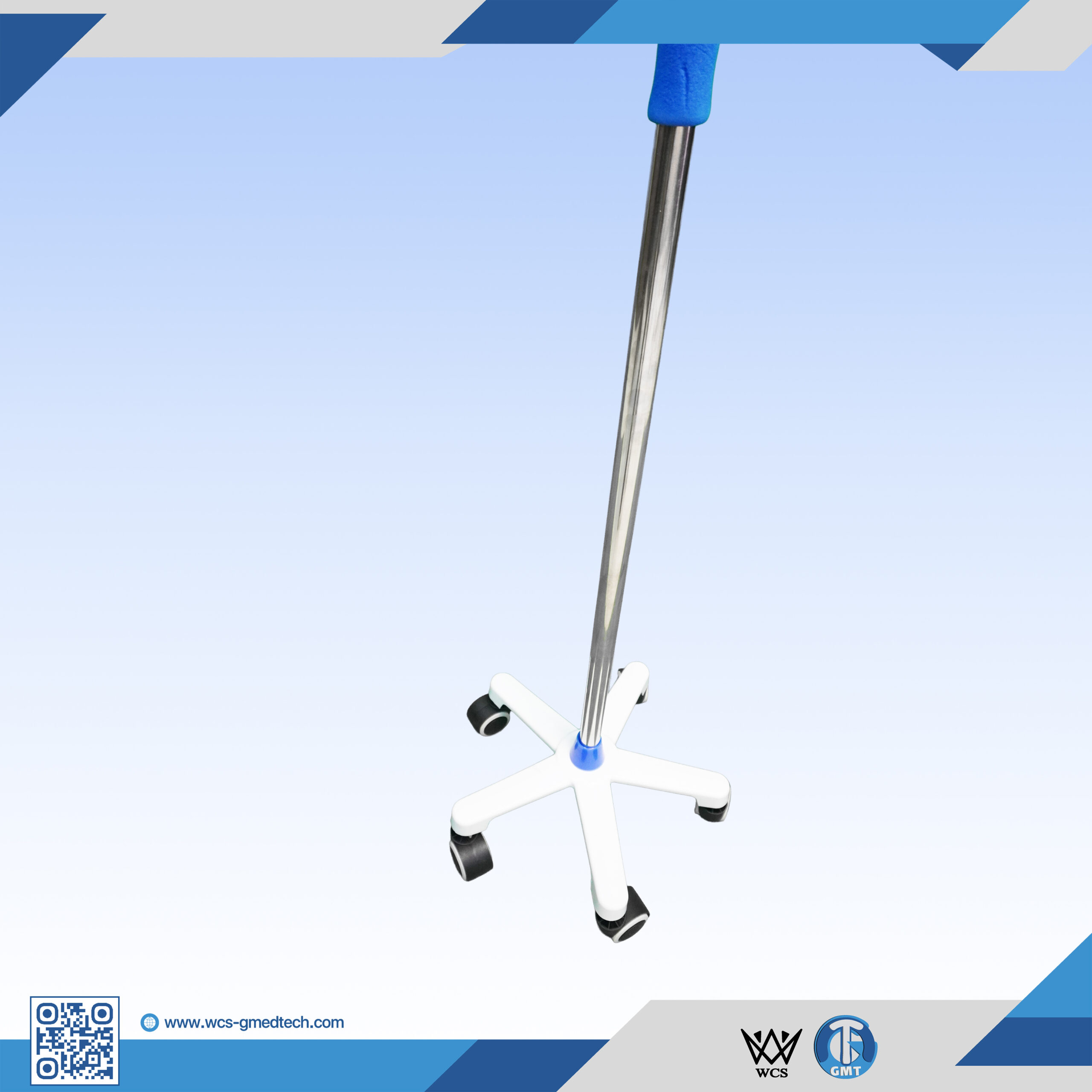 WCS-TR060 I.V Stand Regular V5 stainless steel medical pole with 4 hooks and 5-wheel penta base