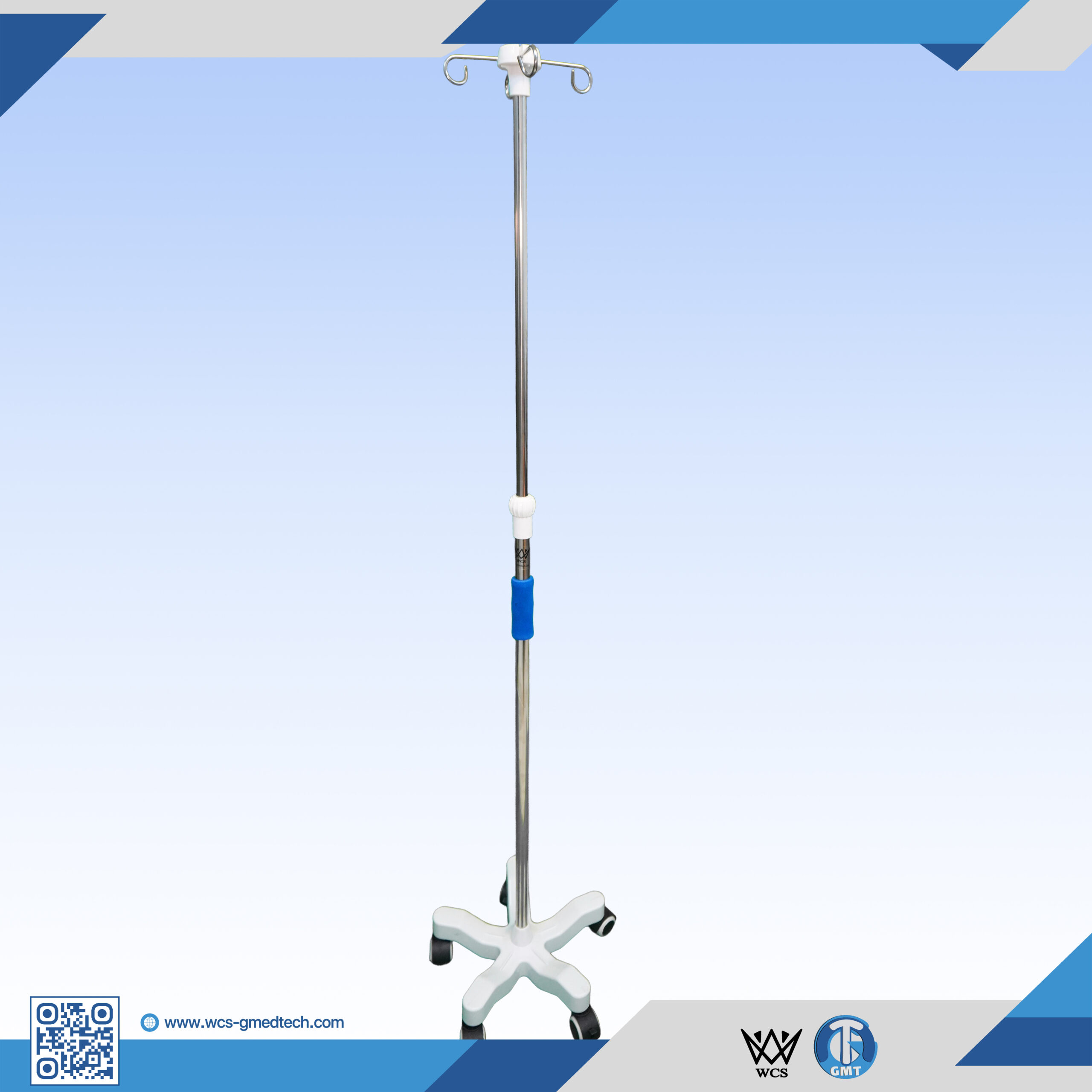 WCS-TR057 I.V Stand Regular V2 featuring stainless steel construction, four hooks, and a five-castor penta base for clinical mobility