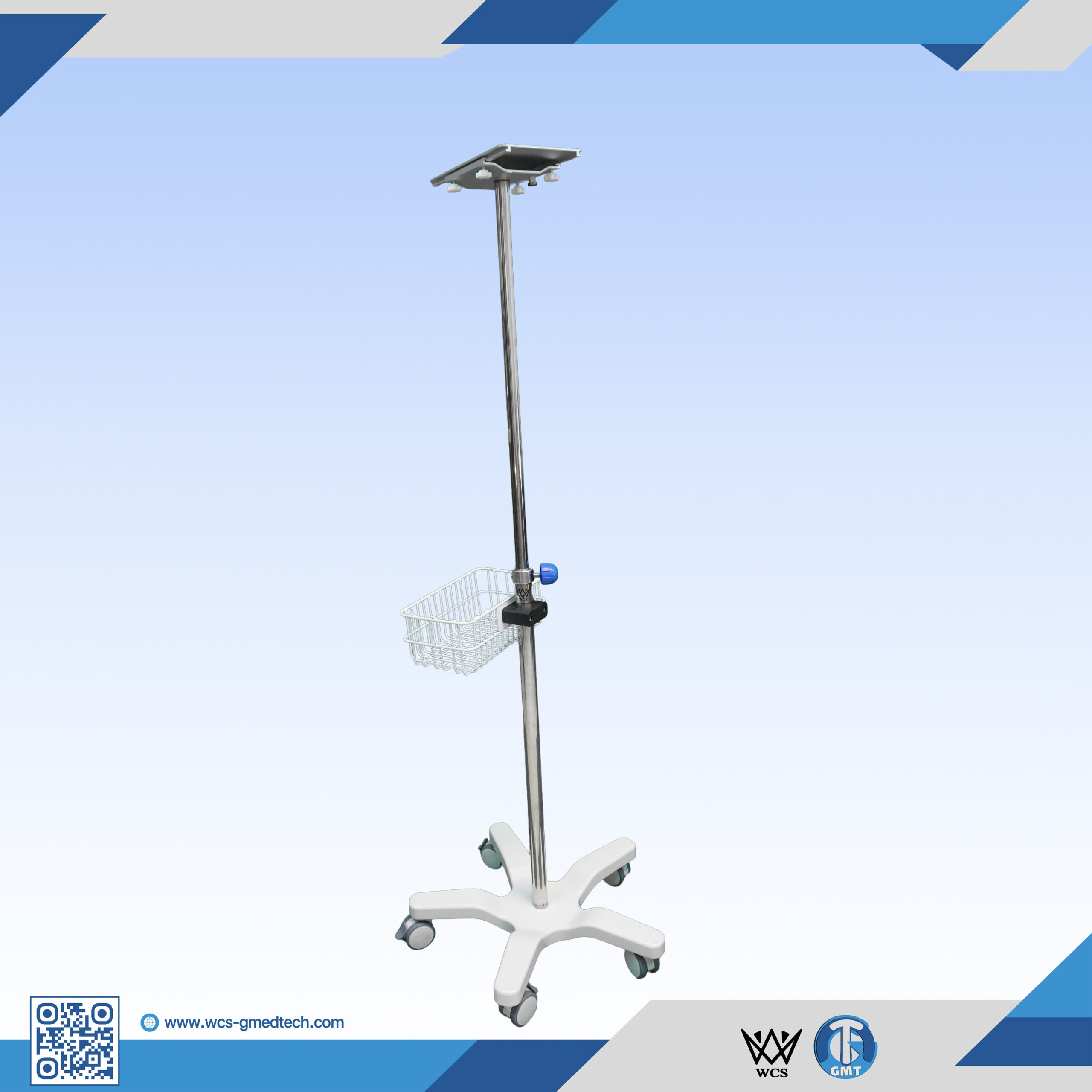 WCS-TR066 Heavy Duty V6 Stainless Steel I.V Stand with 4 hooks, PVC handle, and penta base with 5 castors