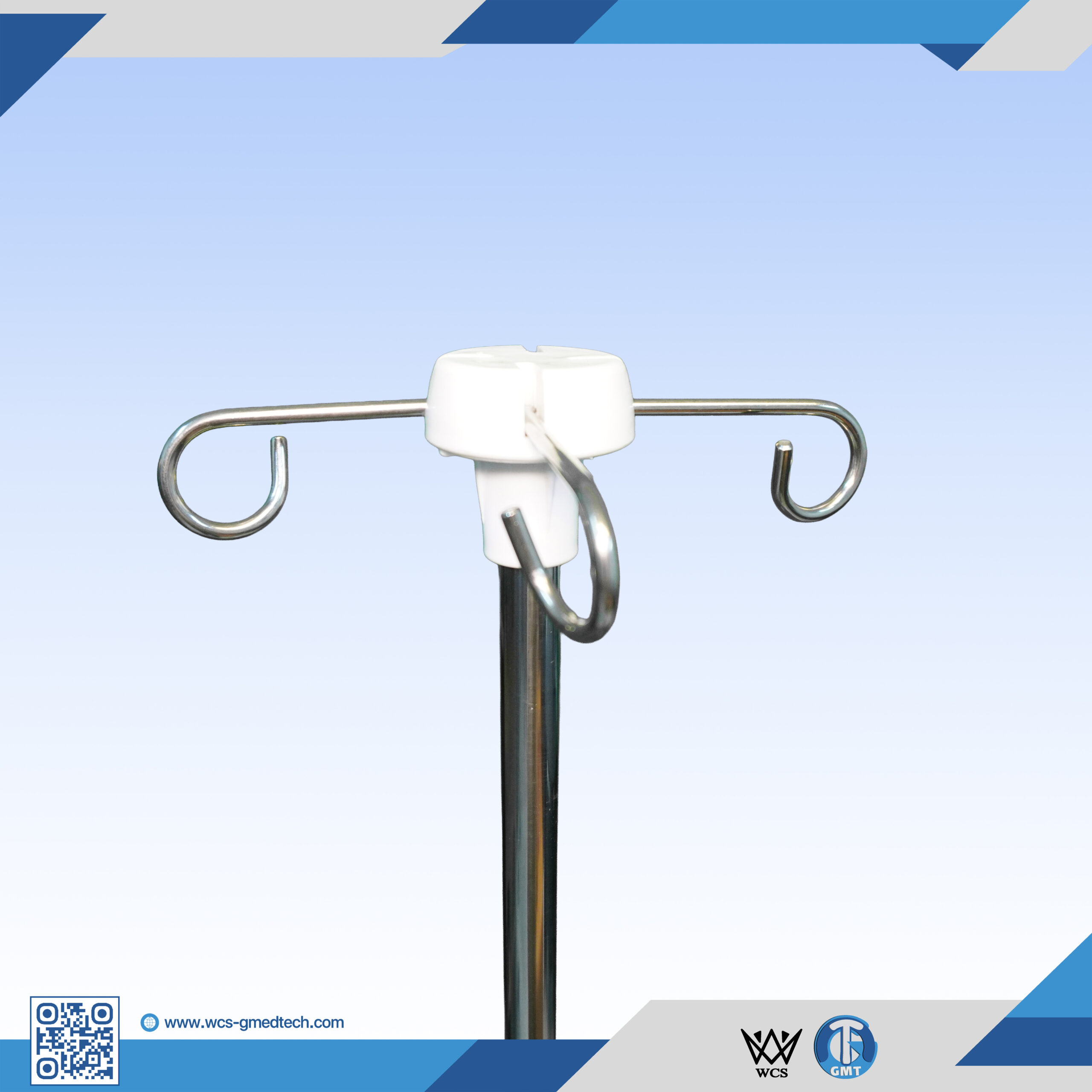 WCS-TR057 I.V Stand Regular V2 featuring stainless steel construction, four hooks, and a five-castor penta base for clinical mobility