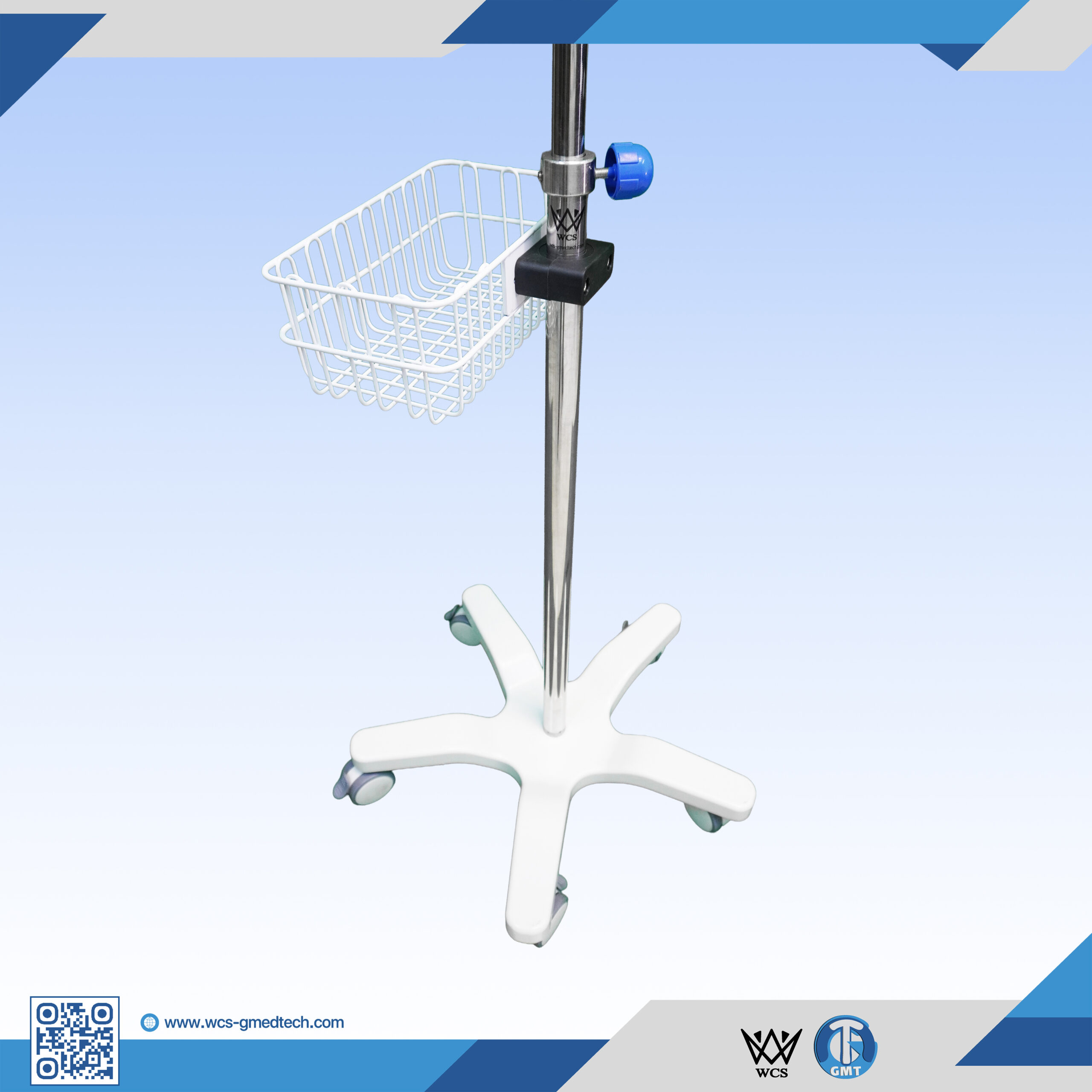 WCS-TR066 Heavy Duty V6 Stainless Steel I.V Stand with 4 hooks, PVC handle, and penta base with 5 castors