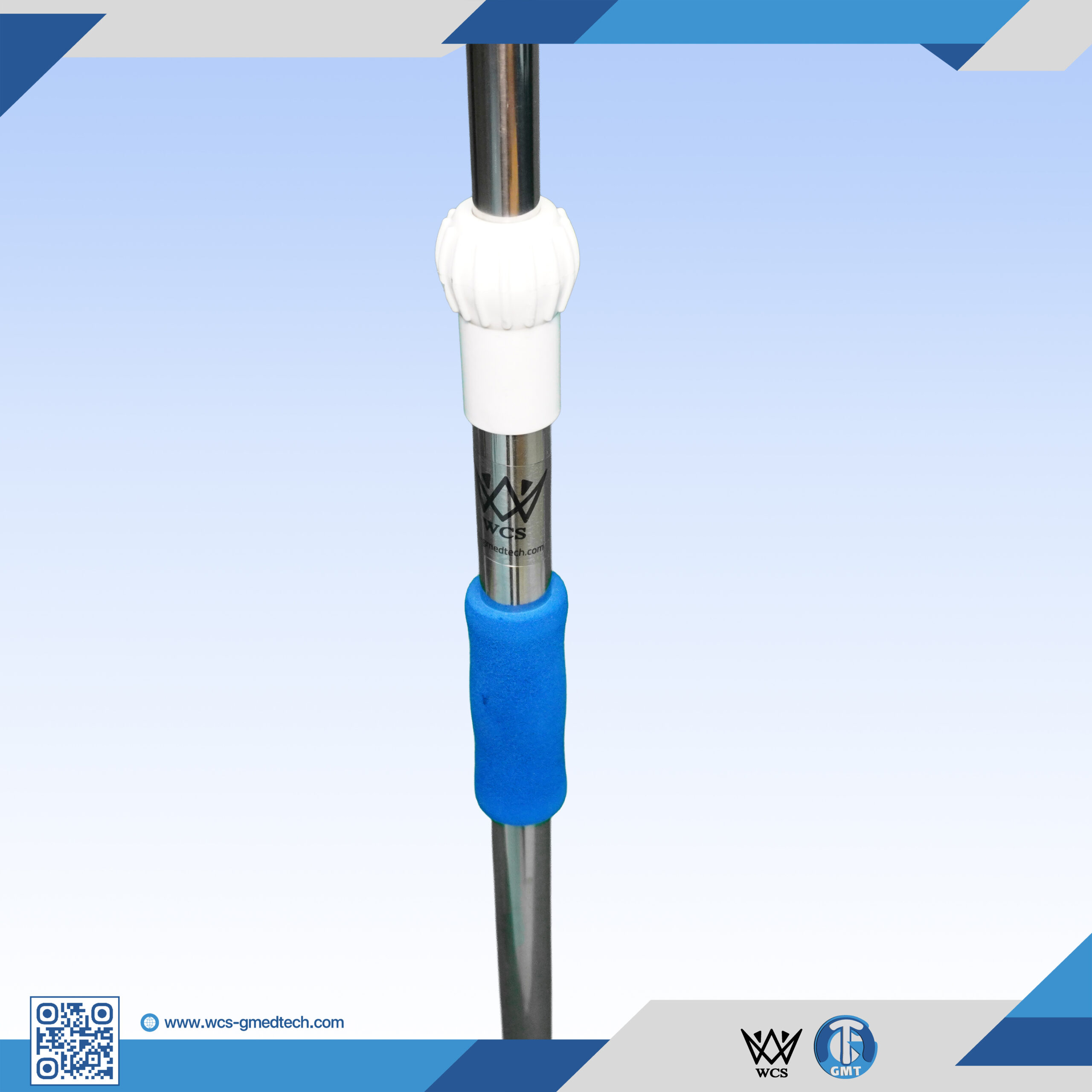 WCS-TR057 I.V Stand Regular V2 featuring stainless steel construction, four hooks, and a five-castor penta base for clinical mobility