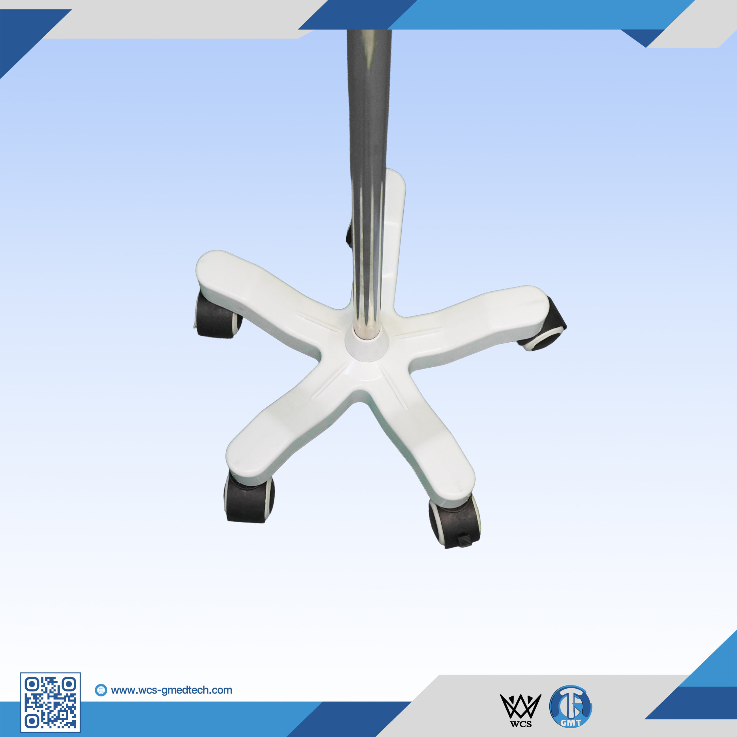 WCS-TR057 I.V Stand Regular V2 featuring stainless steel construction, four hooks, and a five-castor penta base for clinical mobility