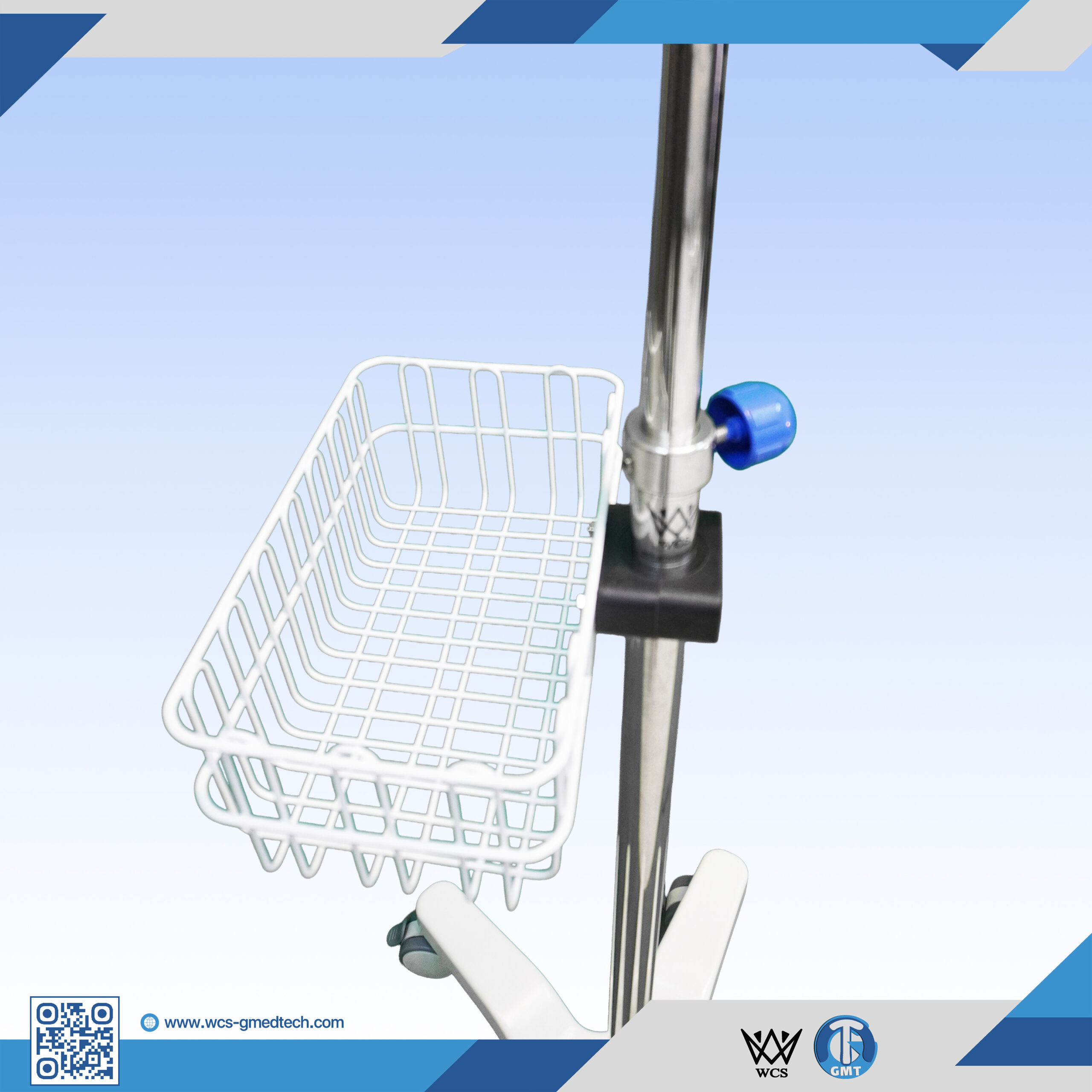 WCS-TR066 Heavy Duty V6 Stainless Steel I.V Stand with 4 hooks, PVC handle, and penta base with 5 castors