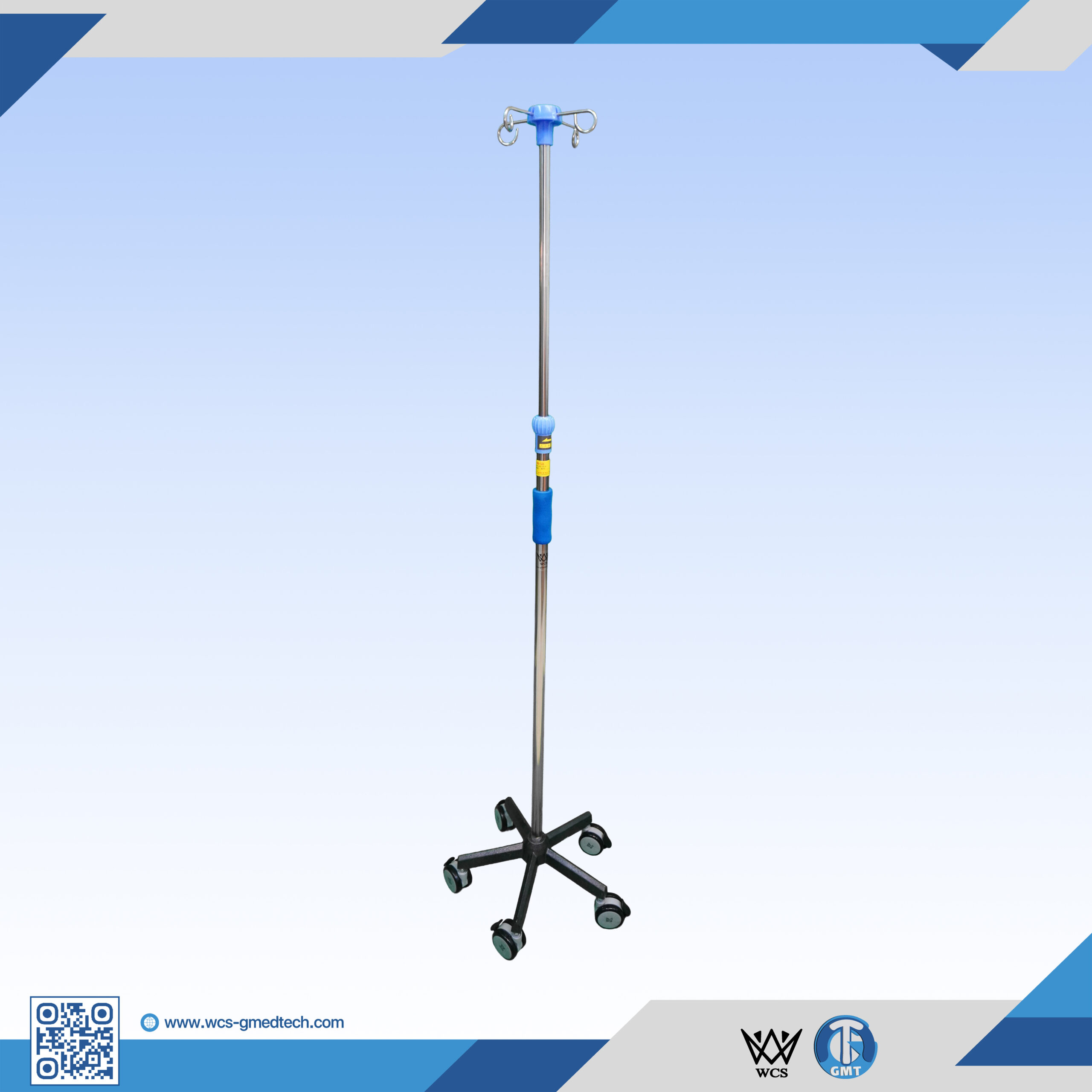 WCS-TR056 I.V Stand Regular V1 featuring a stainless steel construction, four hanging hooks, and a five-castor penta base for clinical mobility.