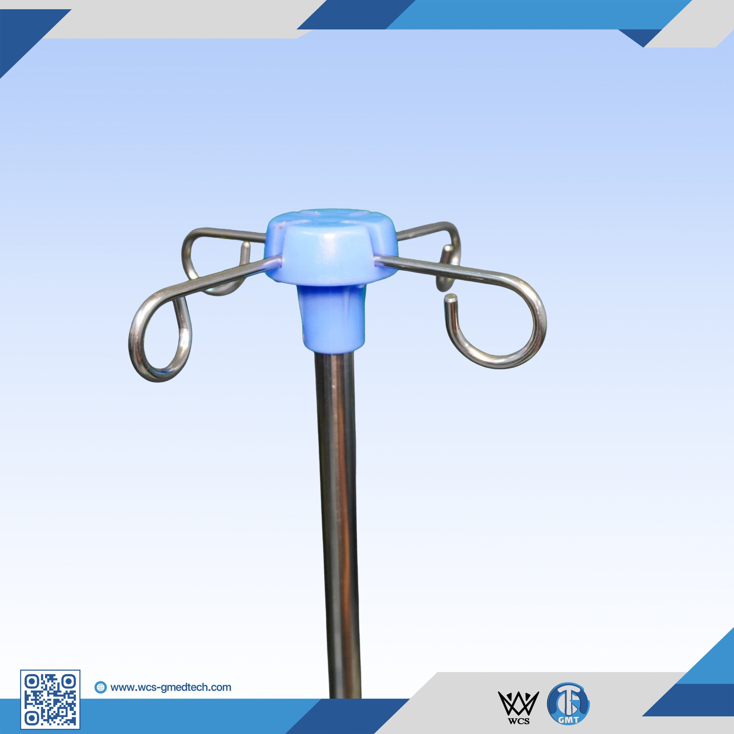 WCS-TR056 I.V Stand Regular V1 featuring a stainless steel construction, four hanging hooks, and a five-castor penta base for clinical mobility.