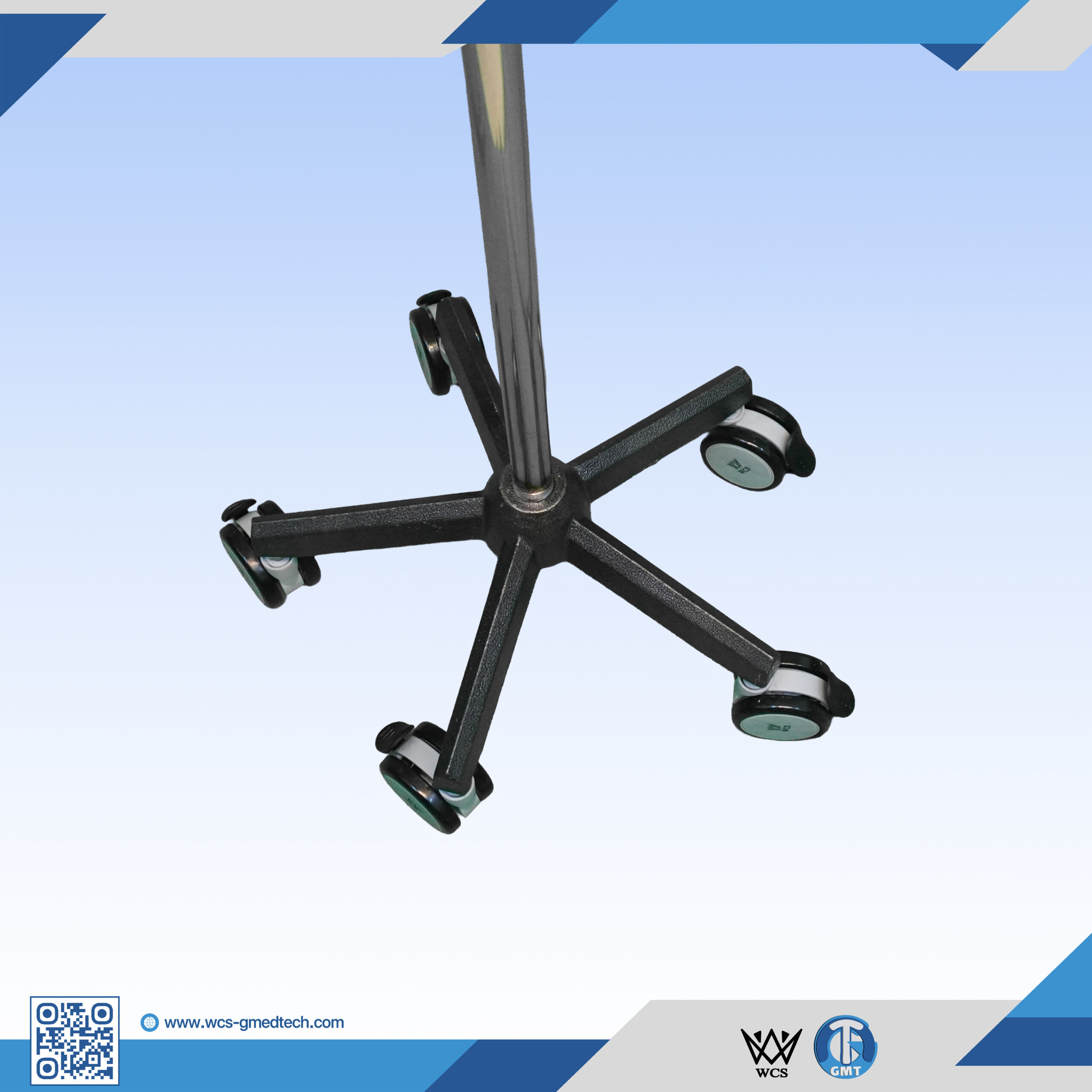 WCS-TR056 I.V Stand Regular V1 featuring a stainless steel construction, four hanging hooks, and a five-castor penta base for clinical mobility.