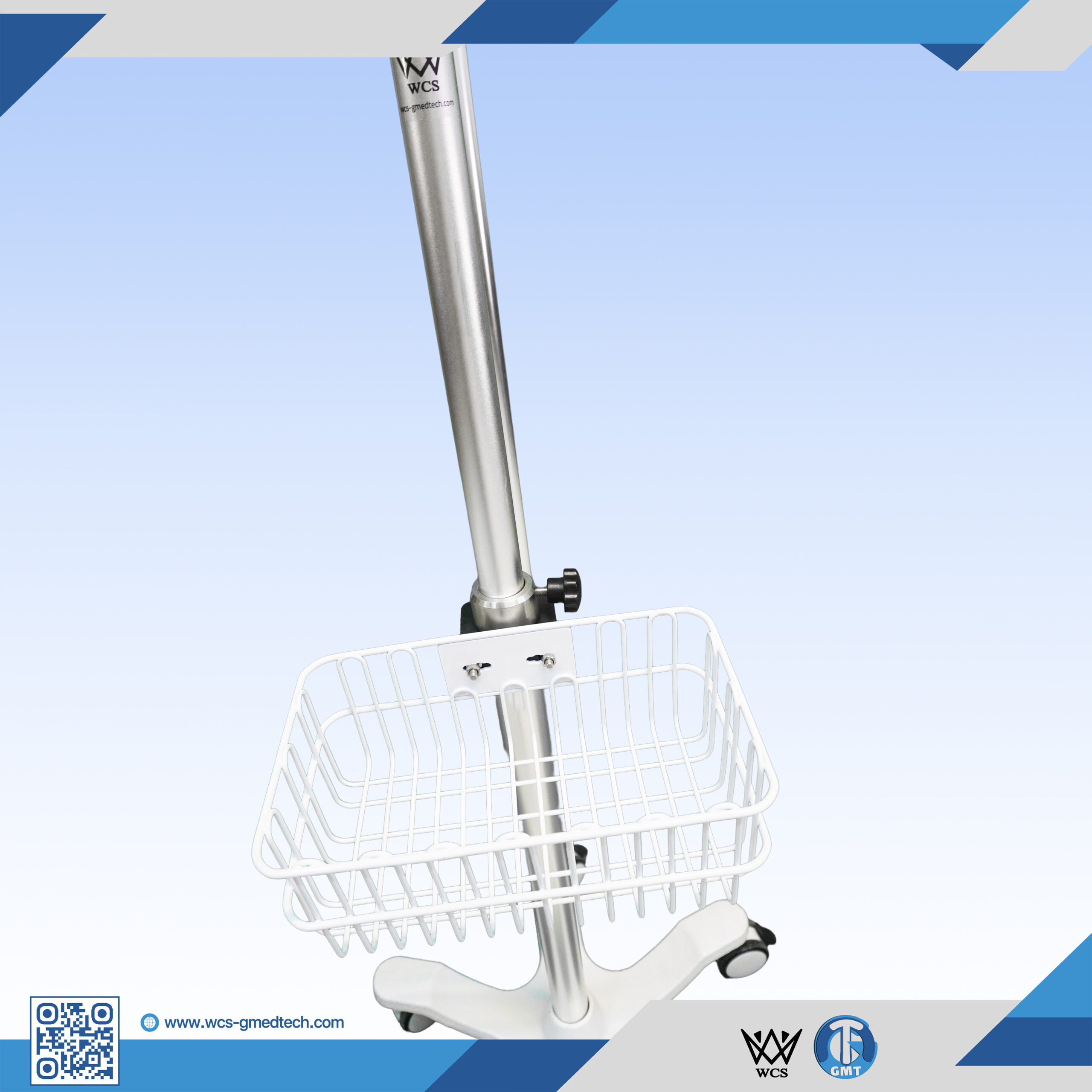 WCS-TR065 Heavy Duty V5 stainless steel I.V stand featuring 4 hooks, PVC machine holder, powder-coated basket, and penta base with 5 castors