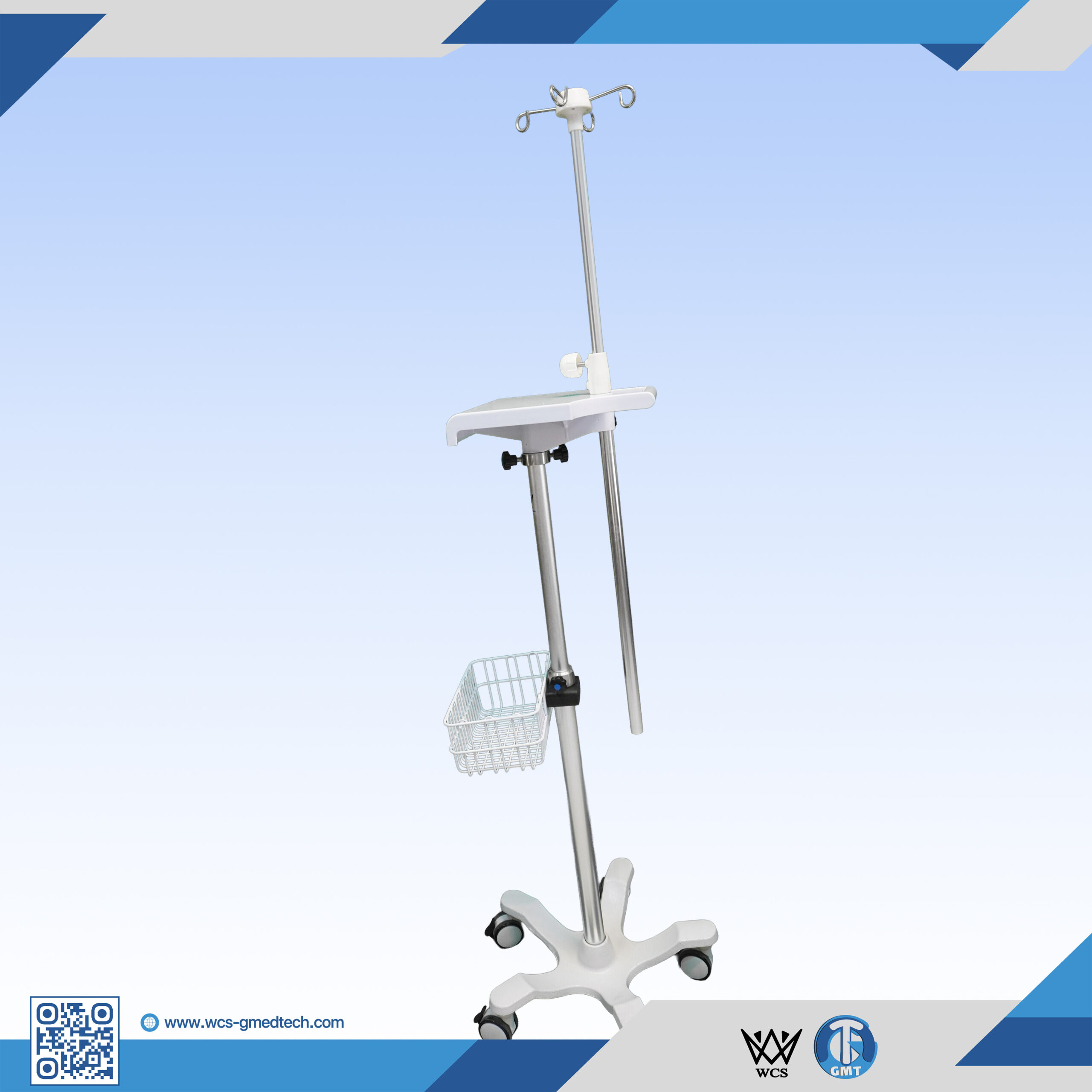 WCS-TR065 Heavy Duty V5 stainless steel I.V stand featuring 4 hooks, PVC machine holder, powder-coated basket, and penta base with 5 castors