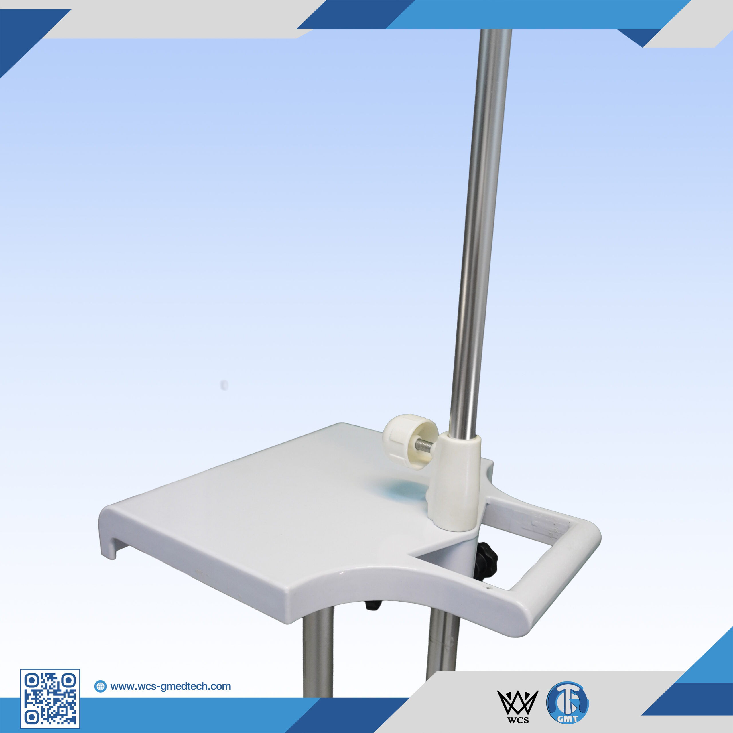 WCS-TR065 Heavy Duty V5 stainless steel I.V stand featuring 4 hooks, PVC machine holder, powder-coated basket, and penta base with 5 castors