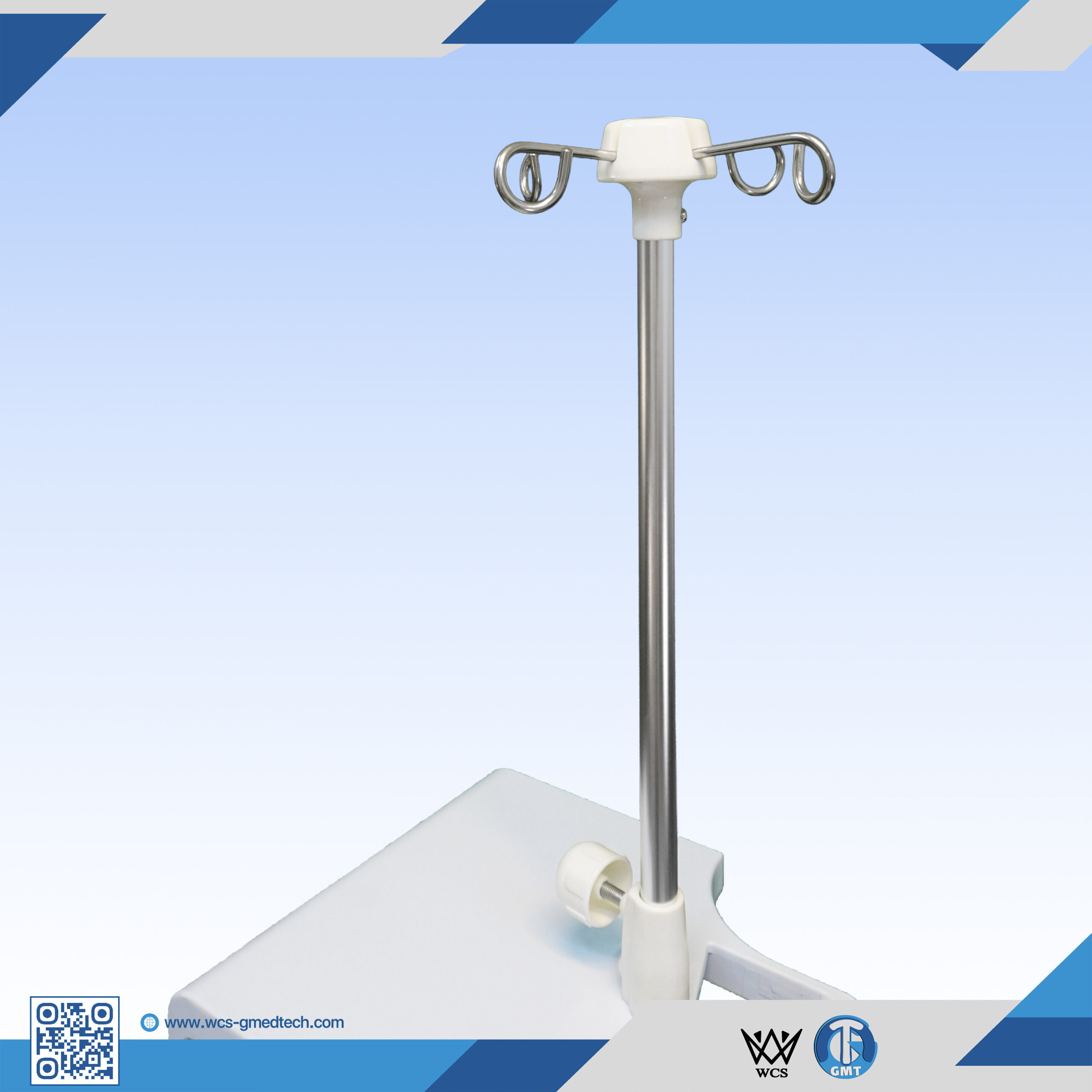 WCS-TR065 Heavy Duty V5 stainless steel I.V stand featuring 4 hooks, PVC machine holder, powder-coated basket, and penta base with 5 castors