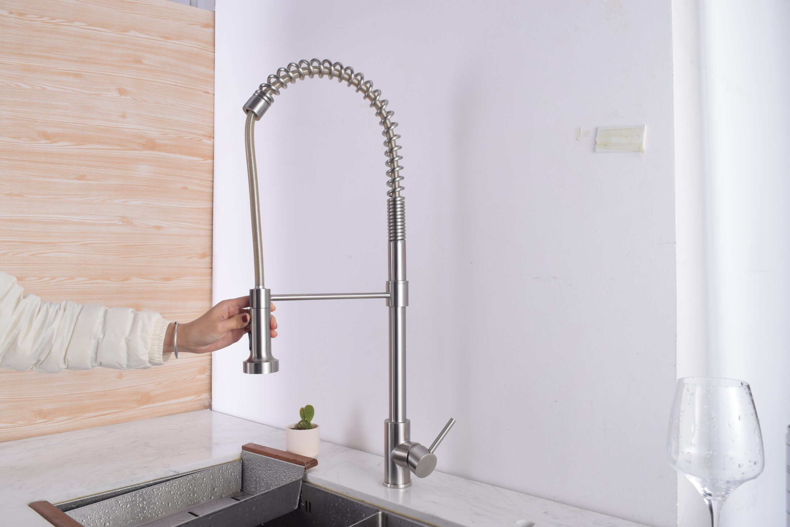 304 stainless steel pull-out faucet with satin finish for commercial and medical facilities