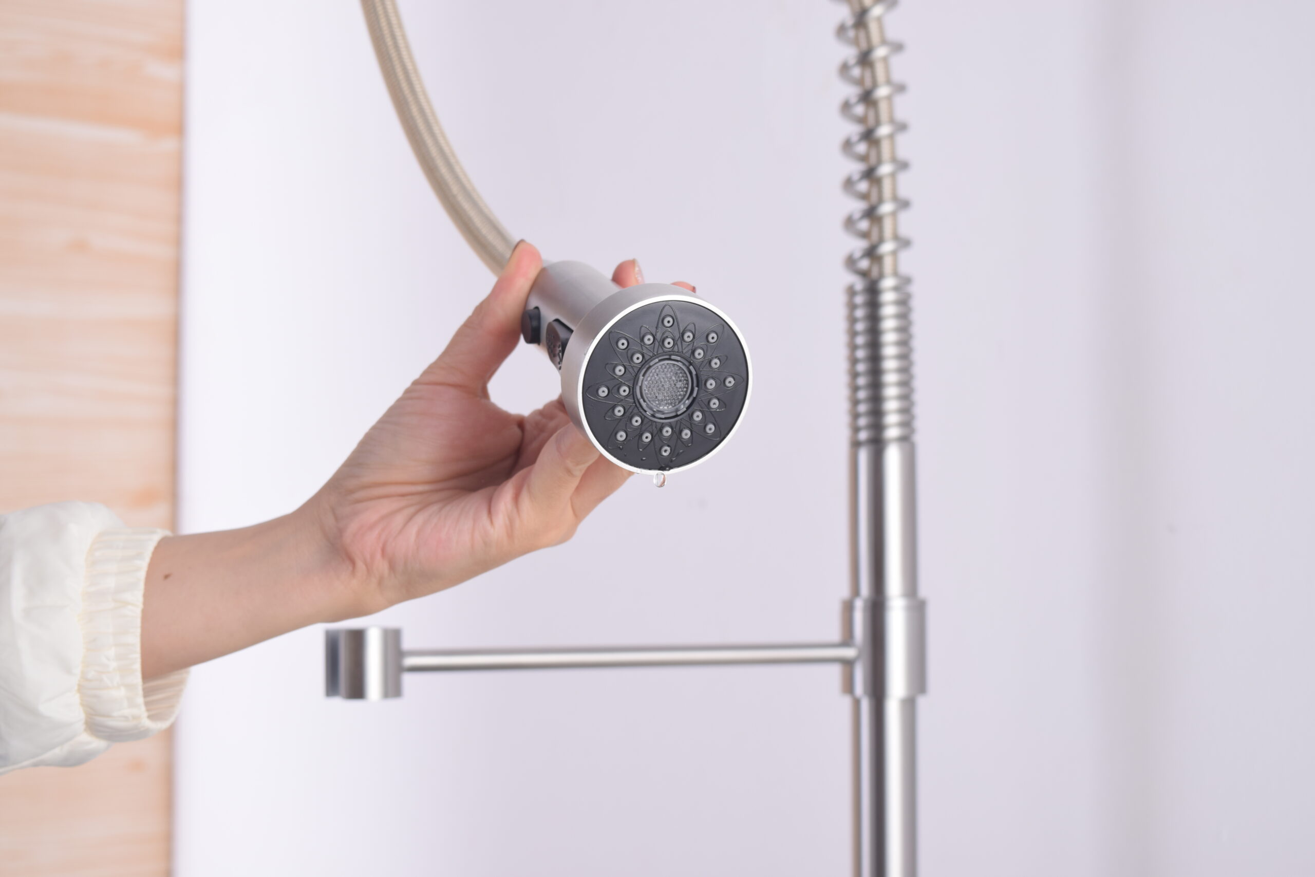 304 stainless steel pull-out faucet with satin finish for commercial and medical facilities
